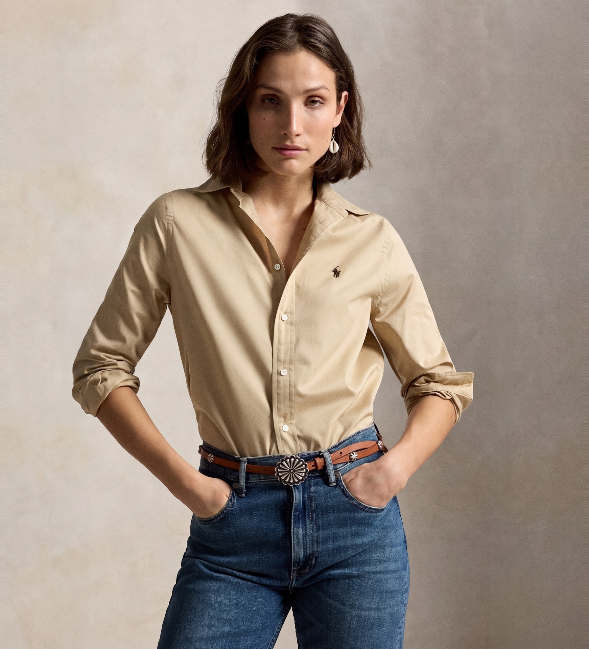Polo Ralph Lauren für Damen. 211A92177016 Beige Baumwoll-Twill-Hemd, Classic Fit (S), Lässig, Baumwolle, Klassisch, Langarm