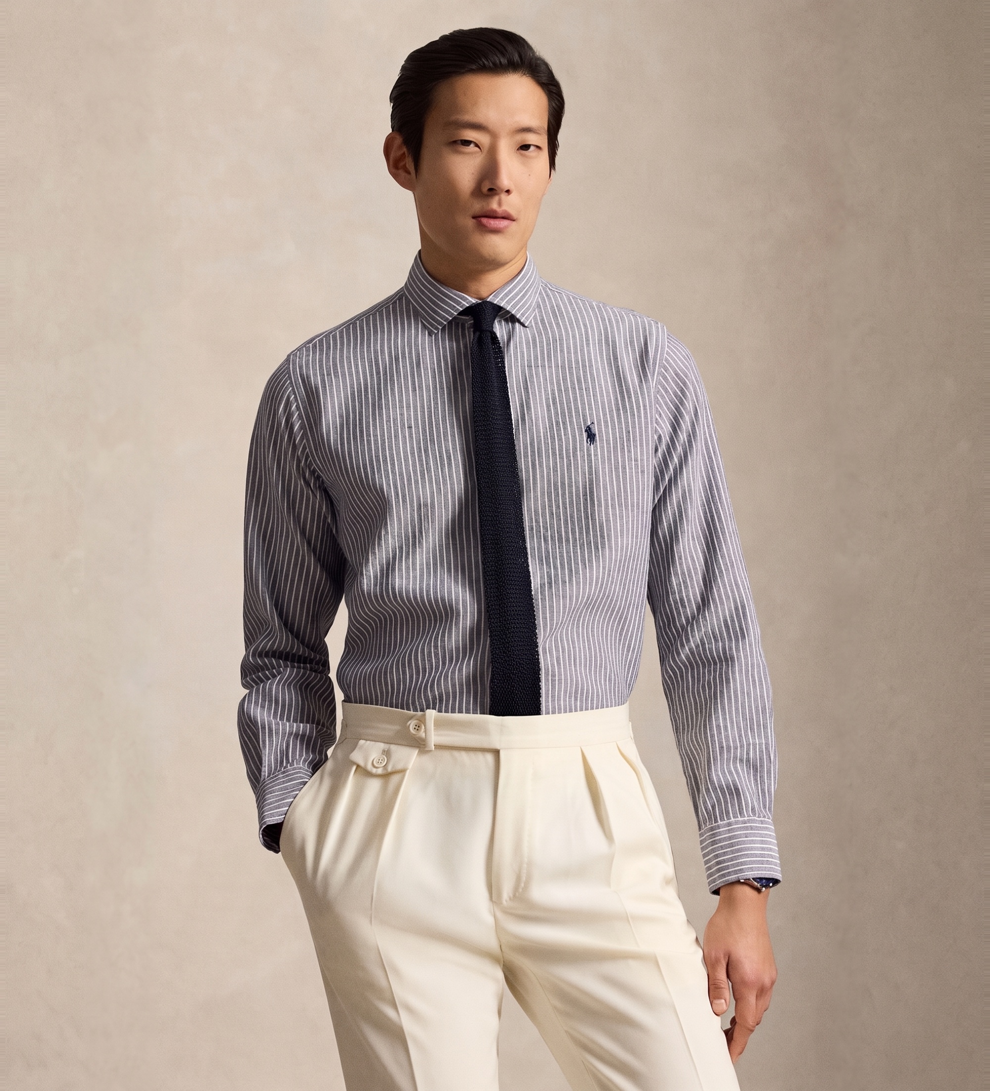 Polo Ralph Lauren für Herren. 710B16700008 Maßgeschneidertes Seersucker-Hemd mit marineblauen Streifen (S), Lässig, Baumwolle, Langarm