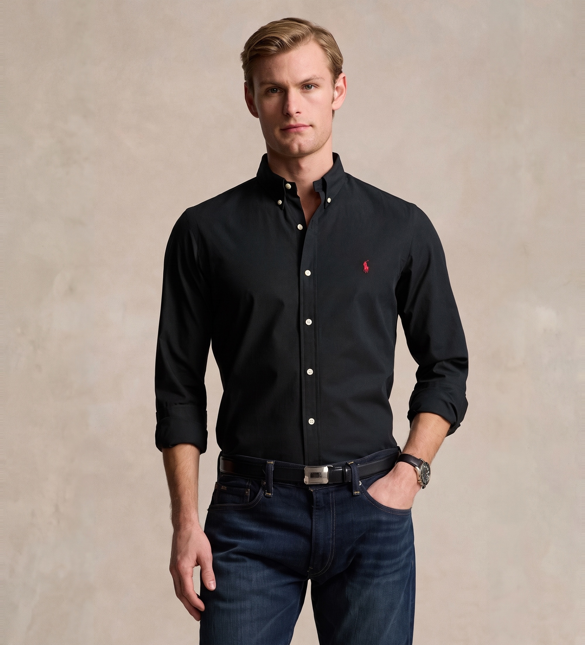 Polo Ralph Lauren für Herren. 710928254006 Slim Fit Popeline Stretch-Popelinehemd schwarz (S), Lässig, Baumwolle, Klassisch, Langarm