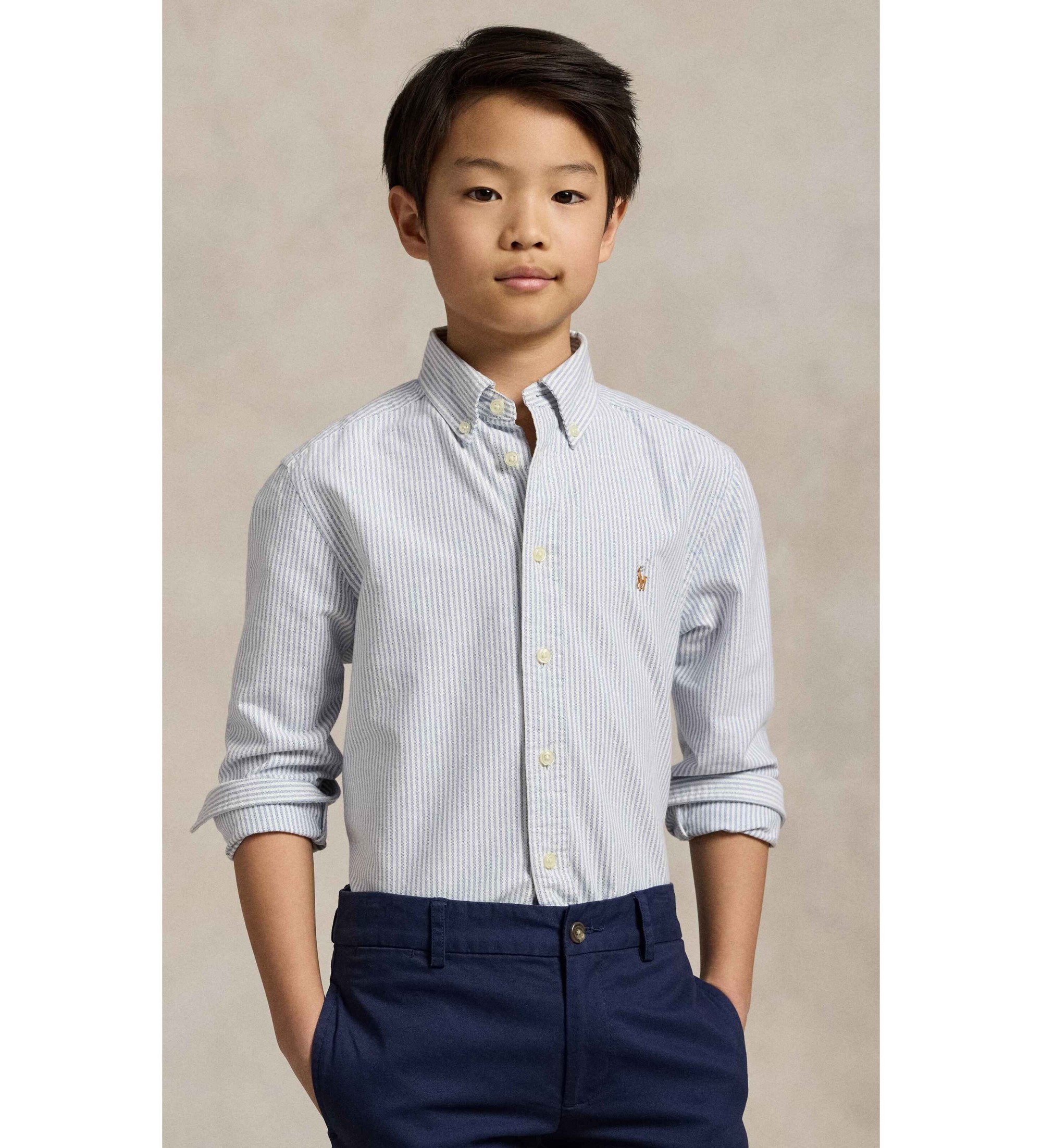 Polo Ralph Lauren für Jungen. 323677177001 Weiß gestreiftes Oxford-Hemd ((L) 10/12años= 150/161 cm), Blau, Baumwolle, Klassisch, Langarm, Ki