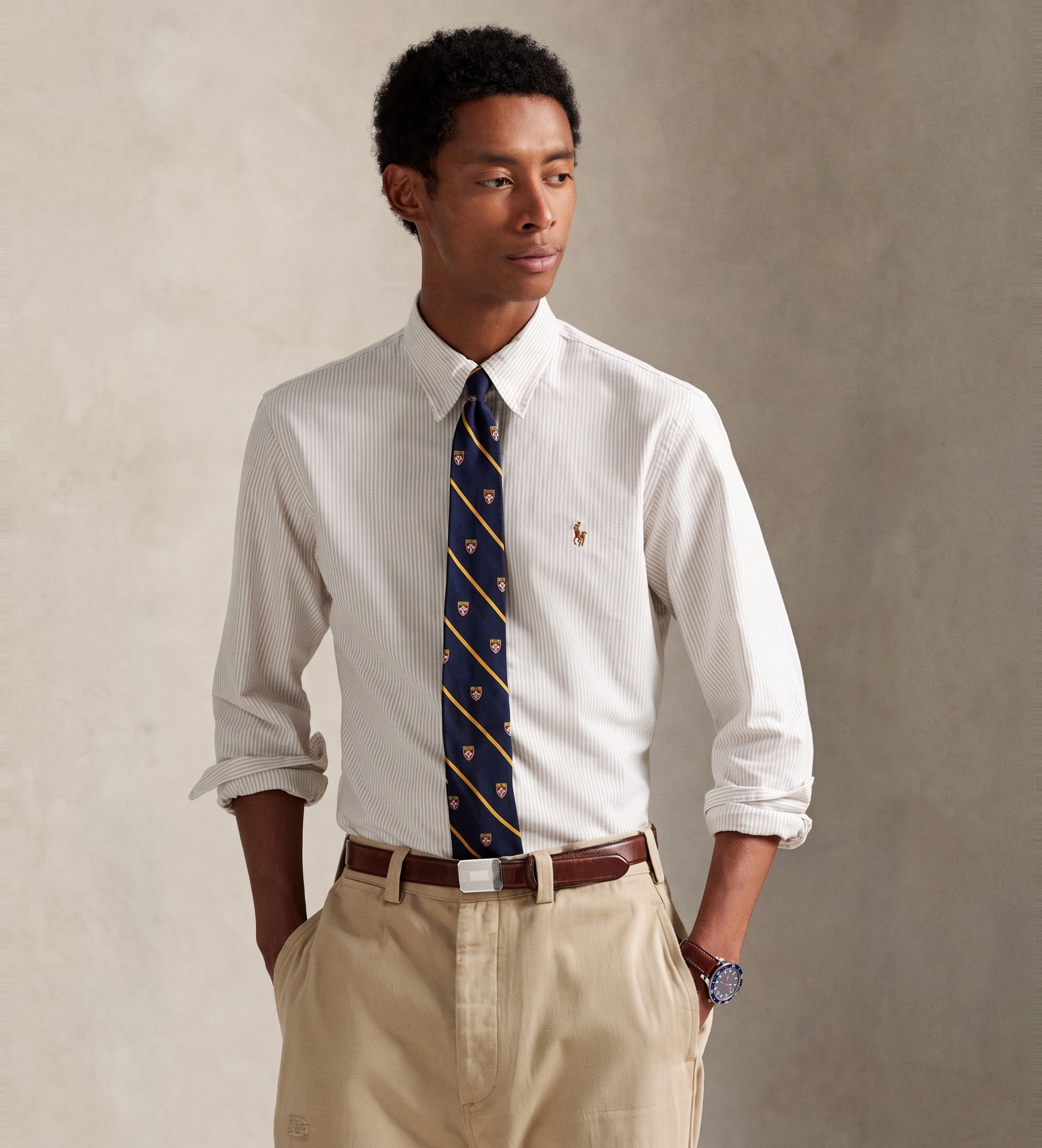Polo Ralph Lauren für Herren. 710953704007 Oxford-Hemd mit Streifen Custom Fit beige (M), Lässig, Baumwolle, Langarm