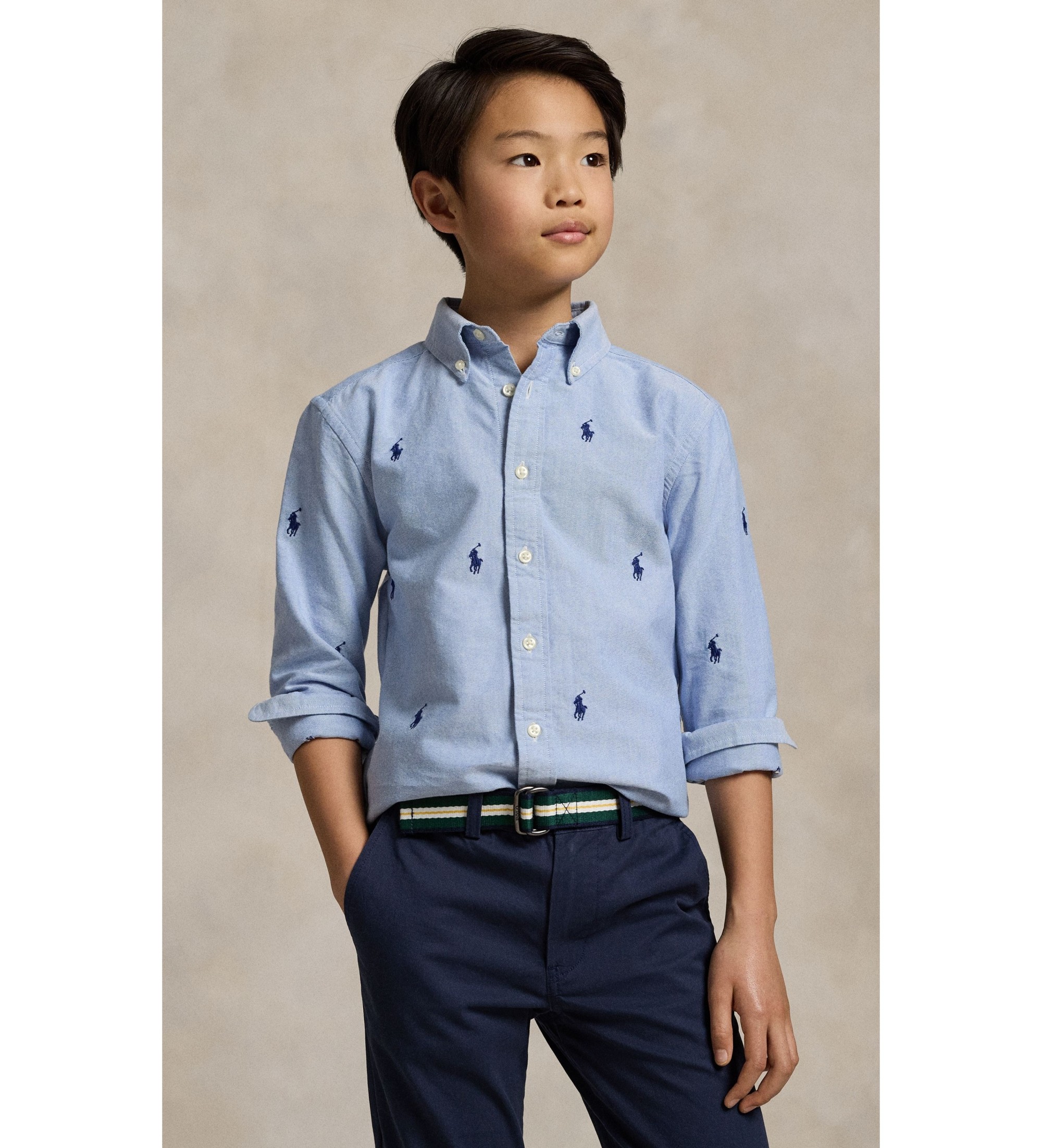 Polo Ralph Lauren für Jungen. 323878876001 Oxford-Hemd aus Baumwolle mit blauem Pferd ((M) 8/9años= 140/149cm), Lässig, Langarm, Kinderbekle