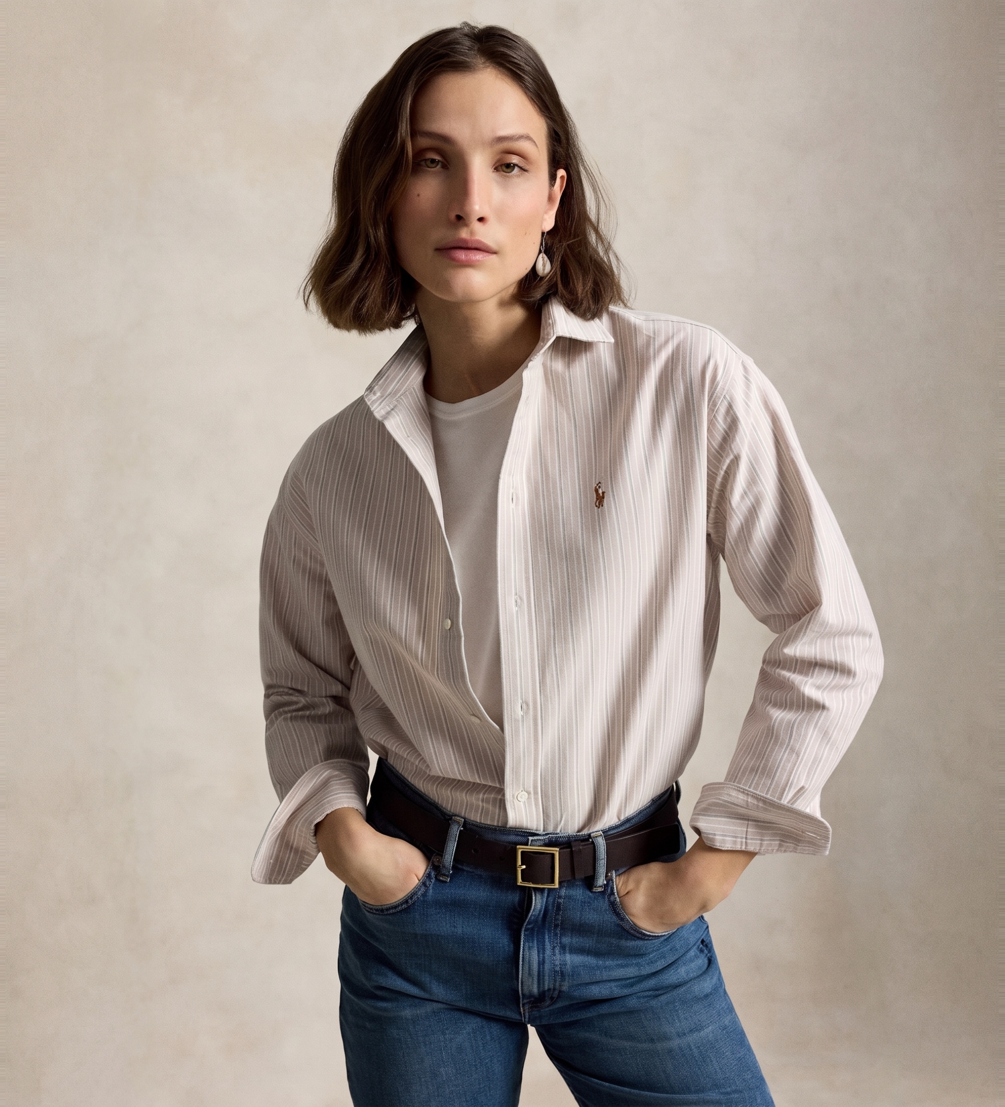 Polo Ralph Lauren für Damen. 211B21507003 Relaxed Fit Beige Oxford-Hemd aus Baumwolle (L), Lässig, Langarm