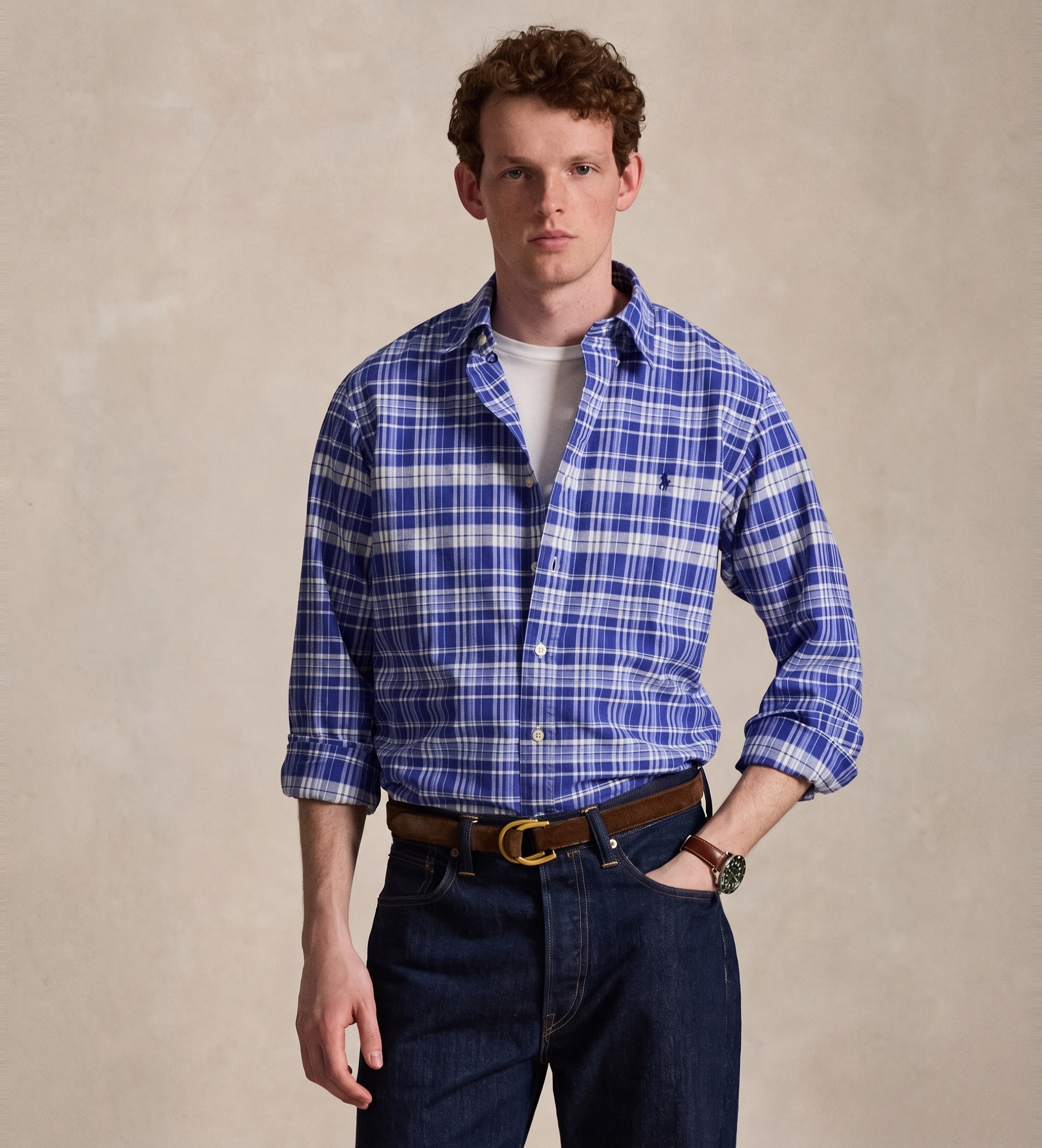 Polo Ralph Lauren für Herren. 710B22598001 Blaues Custom Fit Oxford-Hemd mit Karomuster (M), Lässig, Baumwolle, Langarm