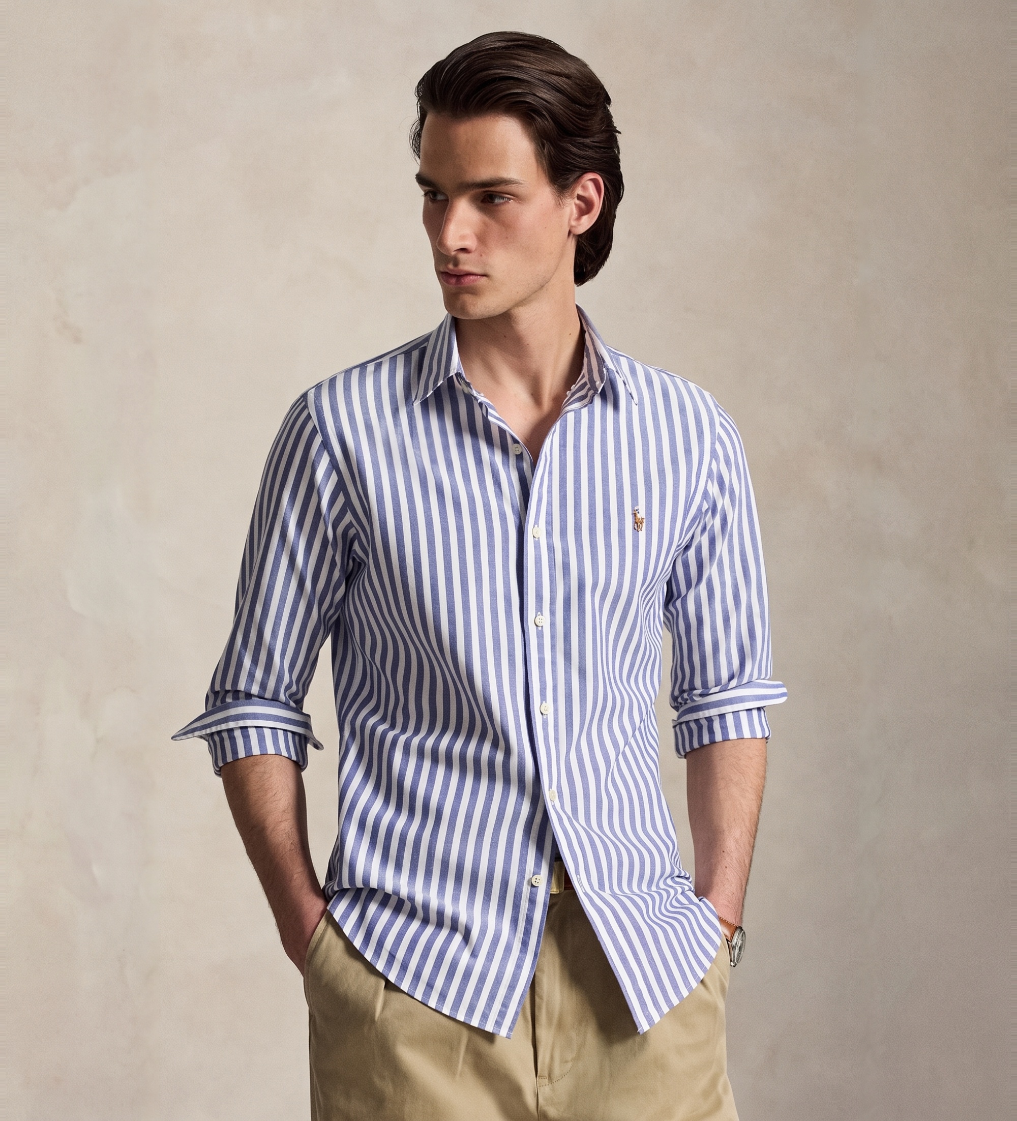 Polo Ralph Lauren für Herren. 710914027001 Slim Fit Oxford-Hemd mit blauen Streifen (S), Lässig, Baumwolle, Langarm