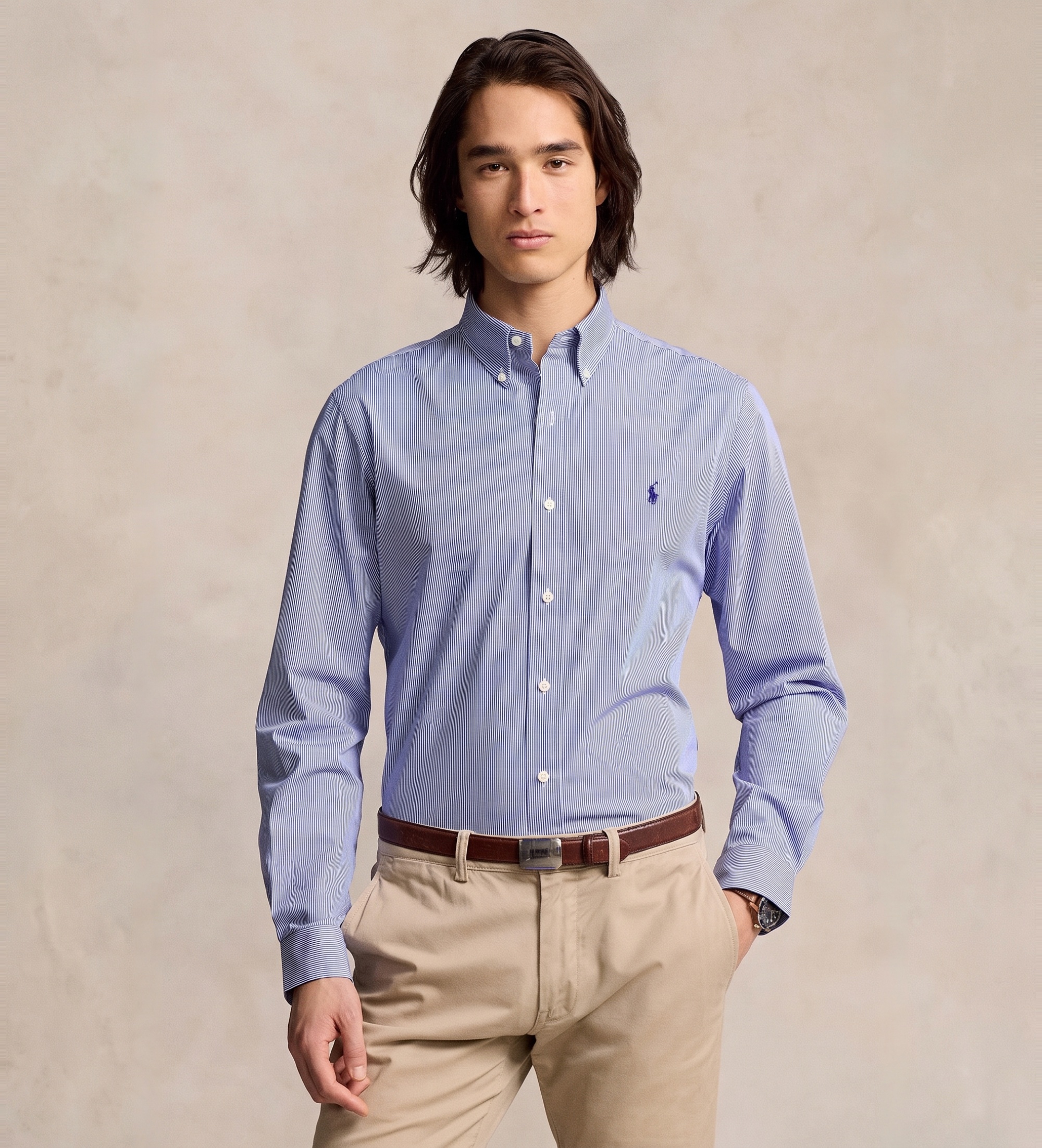Polo Ralph Lauren für Herren. 710928254007 Schmal geschnittenes blaues Stretch-Popeline-Hemd (M), Lässig, Baumwolle, Klassisch, Langarm