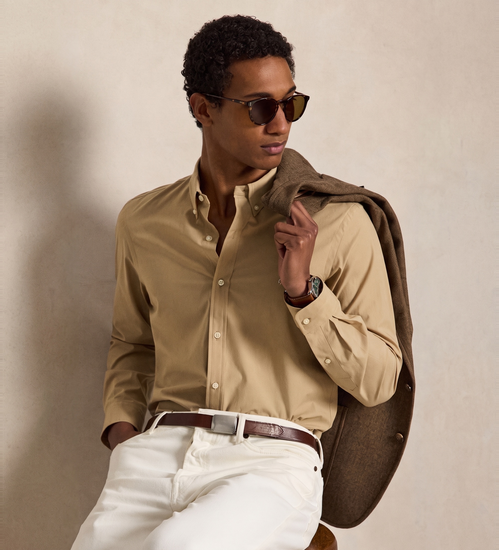 Polo Ralph Lauren für Herren. 710929348501 Slim Fit Hemd aus elastischer Popeline in Beige (S), Lässig, Baumwolle, Langarm