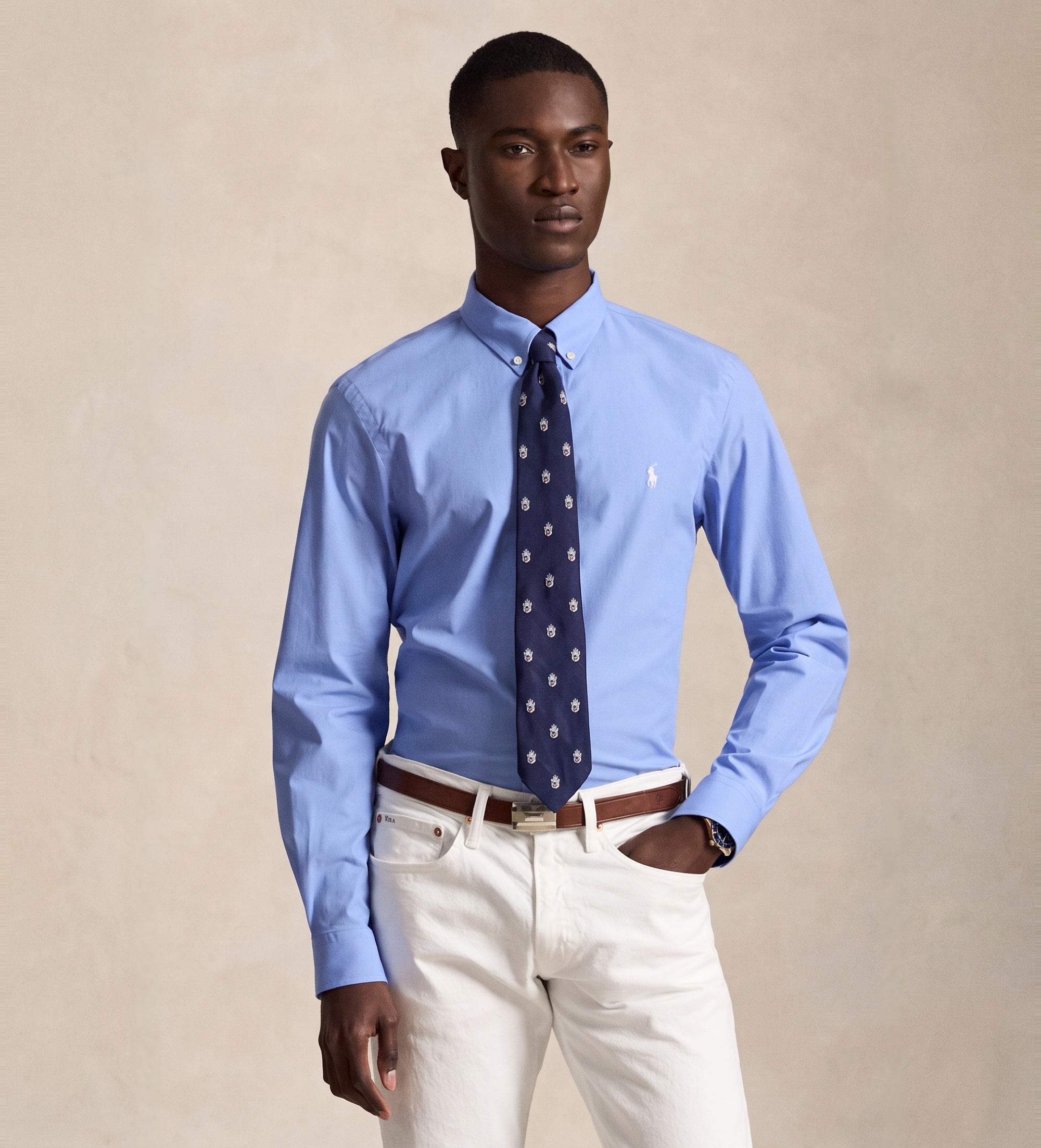 Polo Ralph Lauren für Herren. 710929348502 Slim Fit Hemd aus blauem Stretch-Popeline (L), Lässig, Baumwolle, Langarm