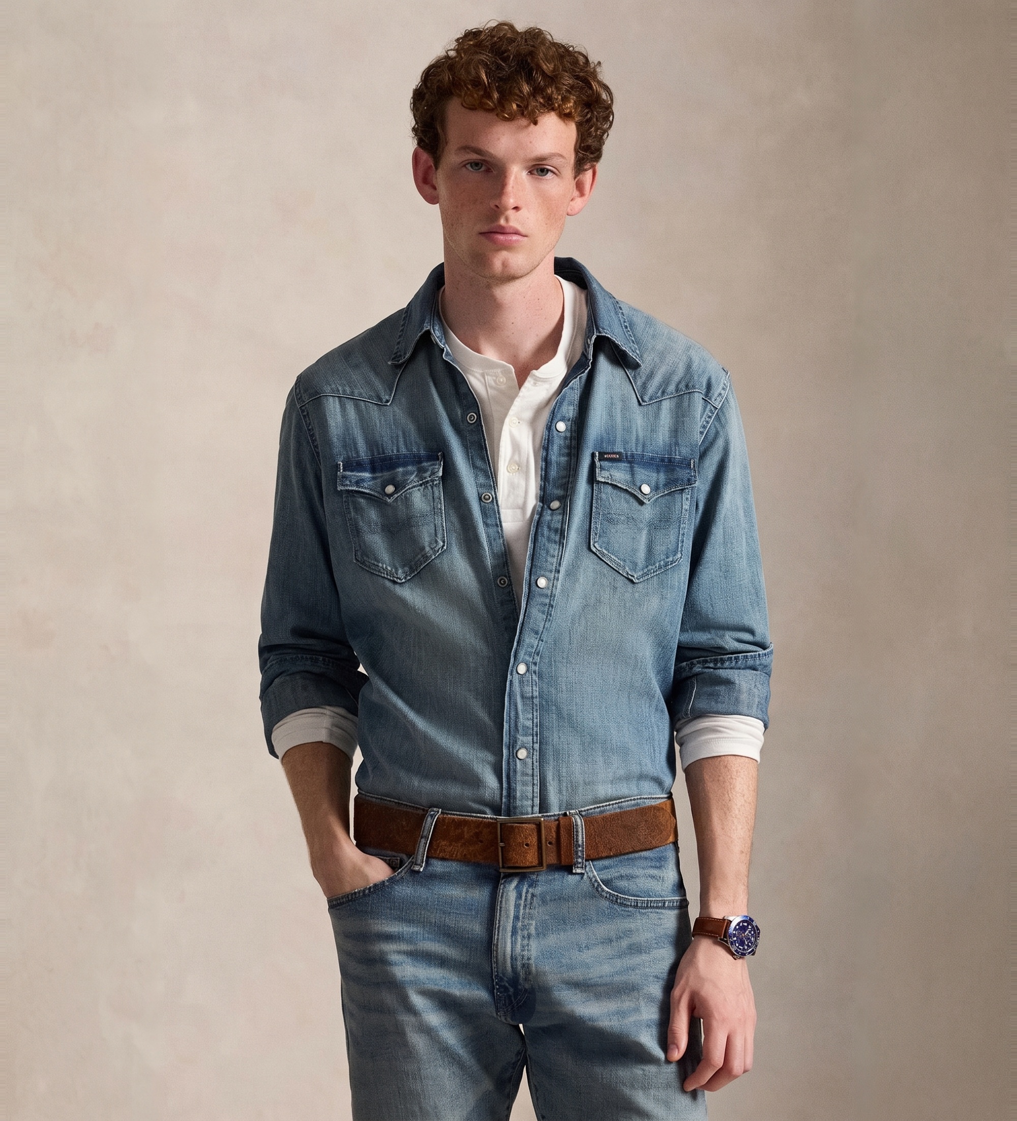 Polo Ralph Lauren für Herren. 710703936001 Blaugeflammtes Denim-Westernhemd (XS), Lässig, Baumwolle, Klassisch, Langarm
