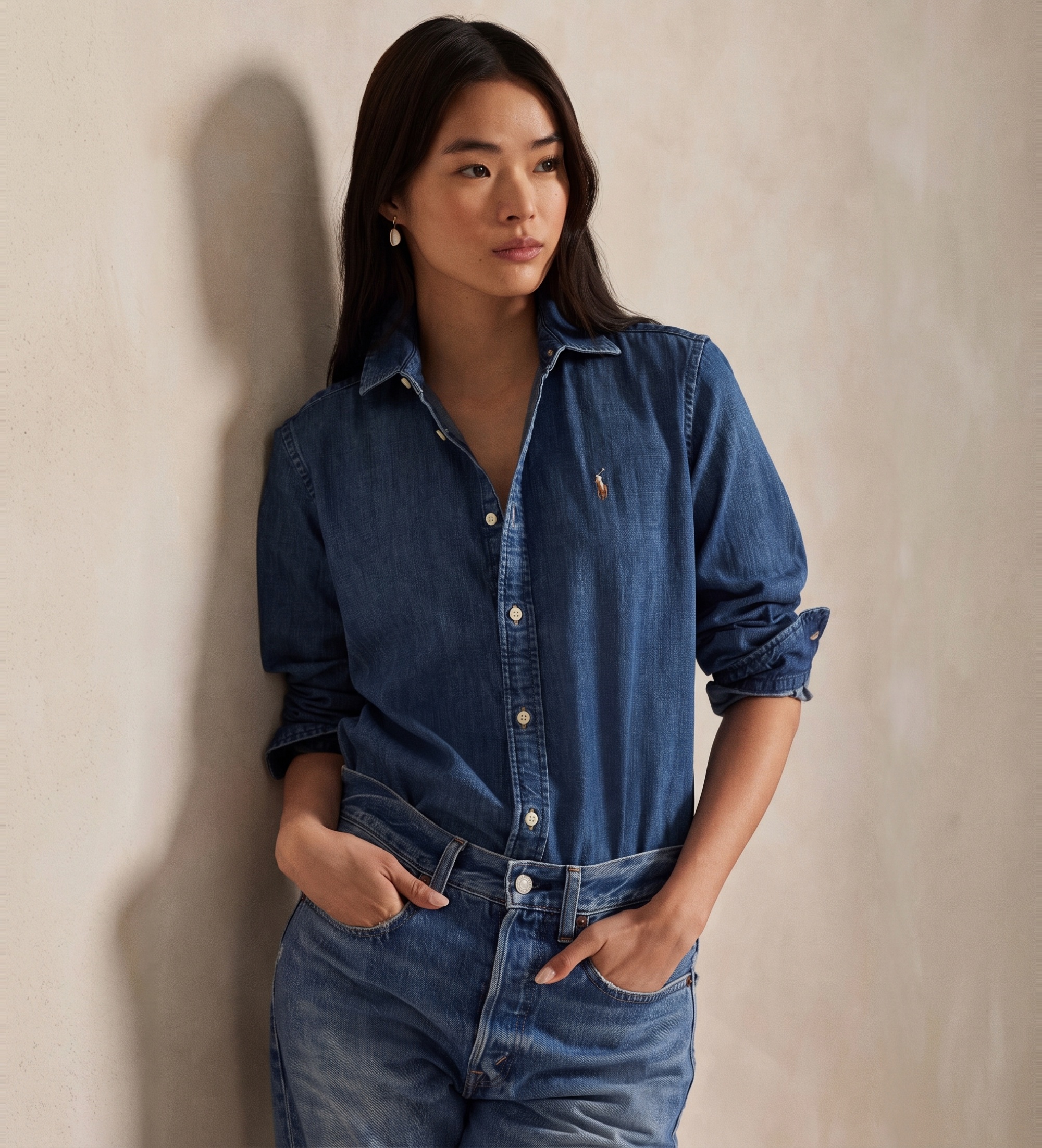 Polo Ralph Lauren für Damen. 211969458001 Slim Fit Denim Hemd blau (32), Lässig, Baumwolle, Langarm
