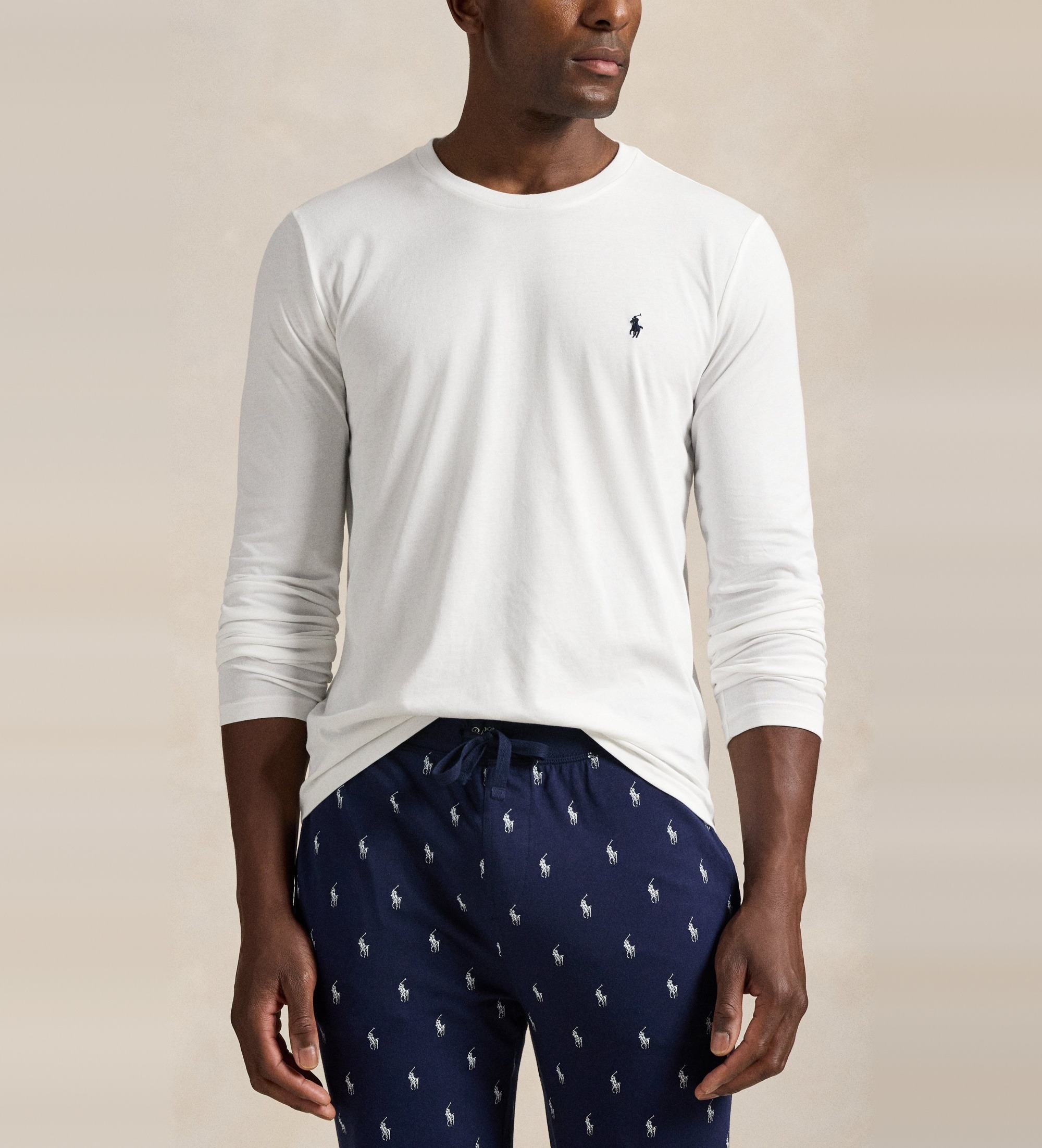 Polo Ralph Lauren für Herren. 714844759004 Nachthemd aus weißem Baumwollstrick (M), Heimtextilien, Baumwolle, Langarm