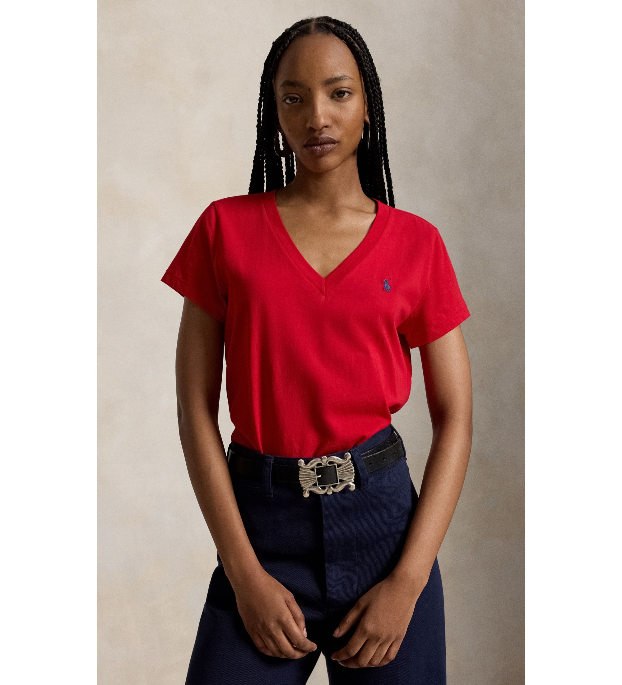 Polo Ralph Lauren für Damen. 211B14611004 Rot gestricktes T-Shirt mit V-Ausschnitt (M), Lässig, Baumwolle, Kurzarm