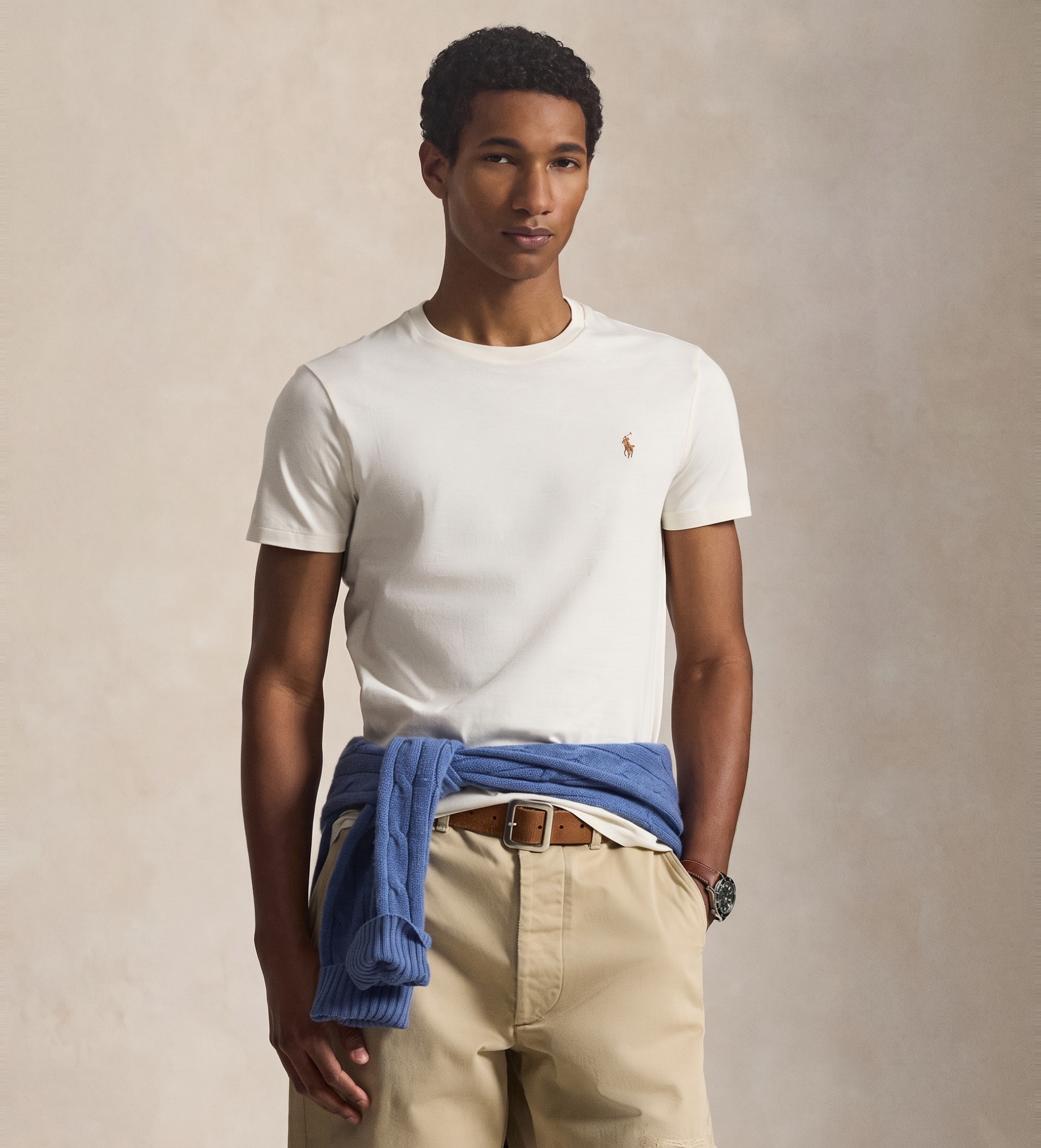 Polo Ralph Lauren für Herren. 710671438350 Gestricktes Custom Slim Fit T-Shirt weiß (S), Beige, Lässig, Baumwolle, Kurzarm