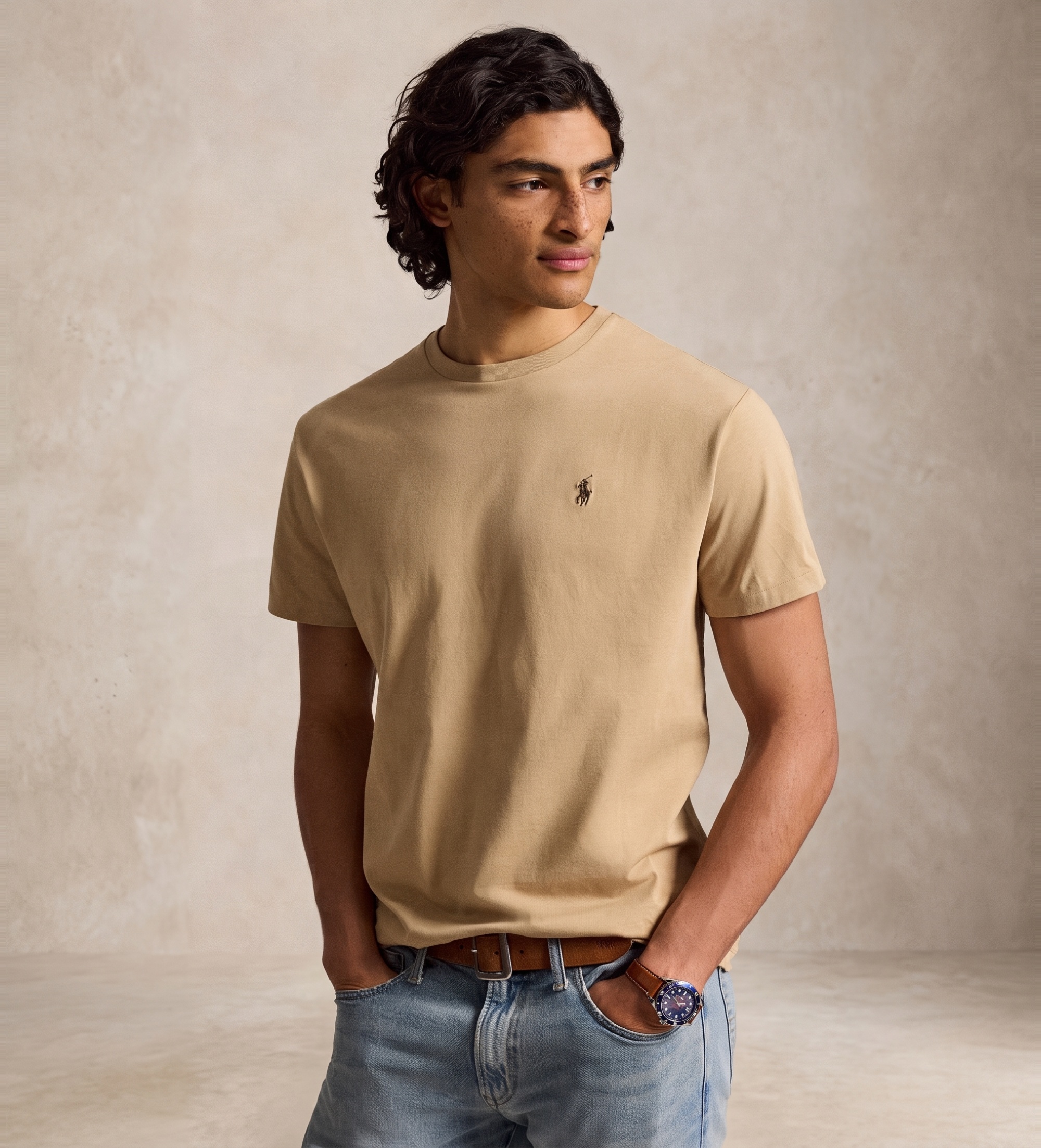 Polo Ralph Lauren für Herren. 710671438527 Beige Custom-Slim-Fit-Strickshirt (XS), Lässig, Baumwolle, Kurzarm