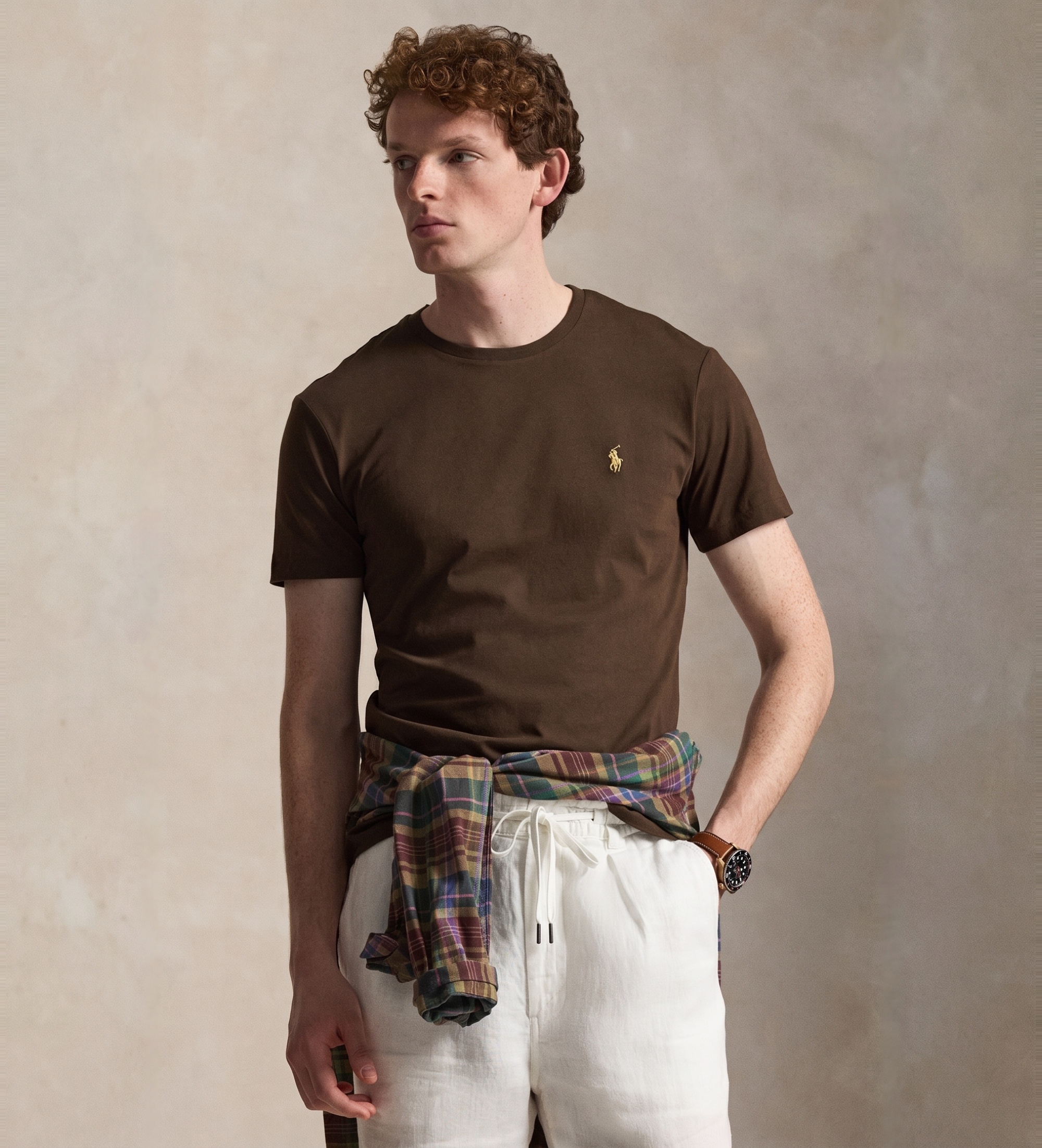 Polo Ralph Lauren für Herren. 710671438533 Braunes Custom-Slim-Fit-Strickhemd (M), Lässig, Baumwolle, Kurzarm