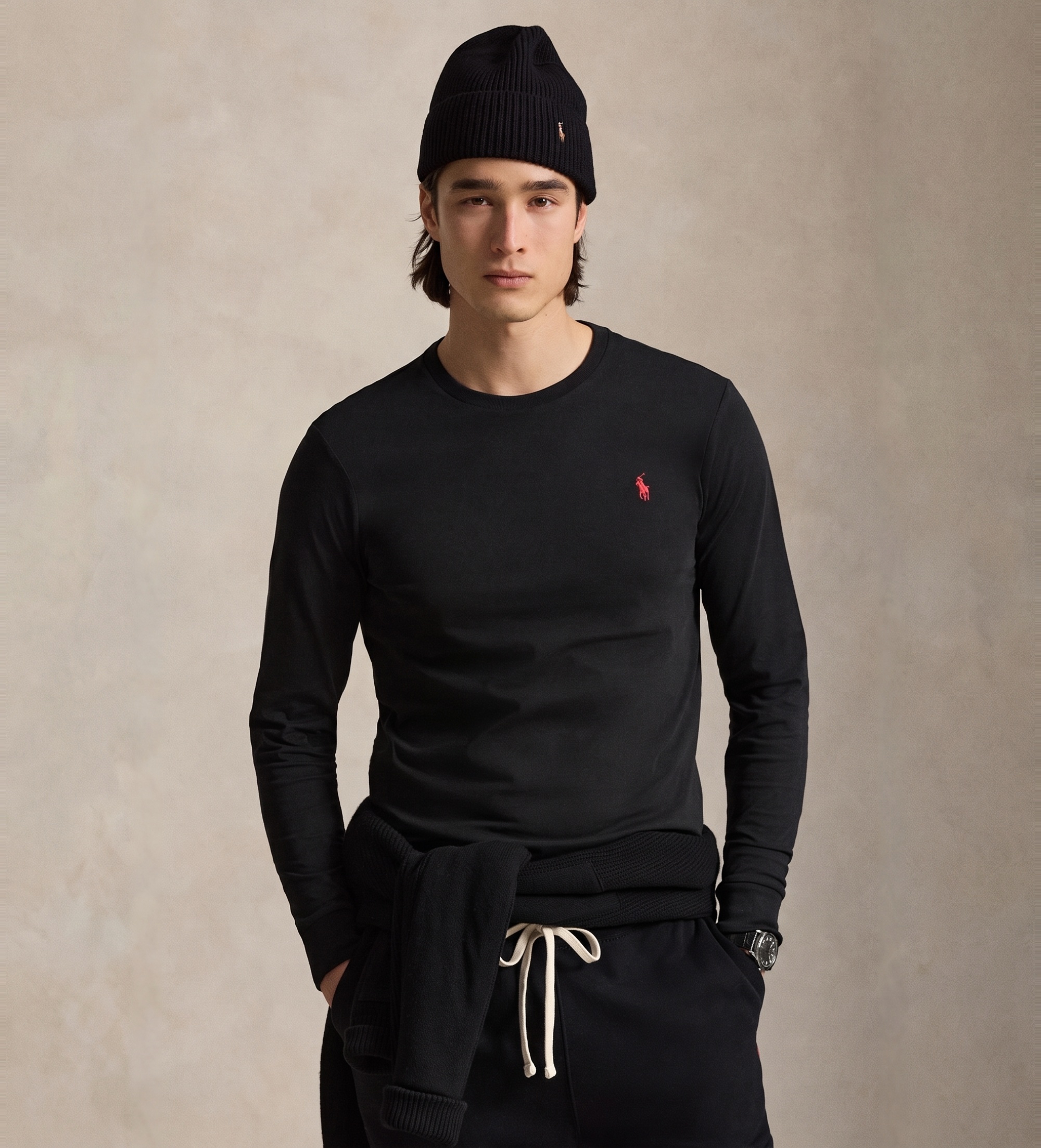 Polo Ralph Lauren für Herren. 710671468001 Schwarzes Custom Slim Fit Jersey-Strick-T-Shirt (M), Lässig, Baumwolle, Langarm