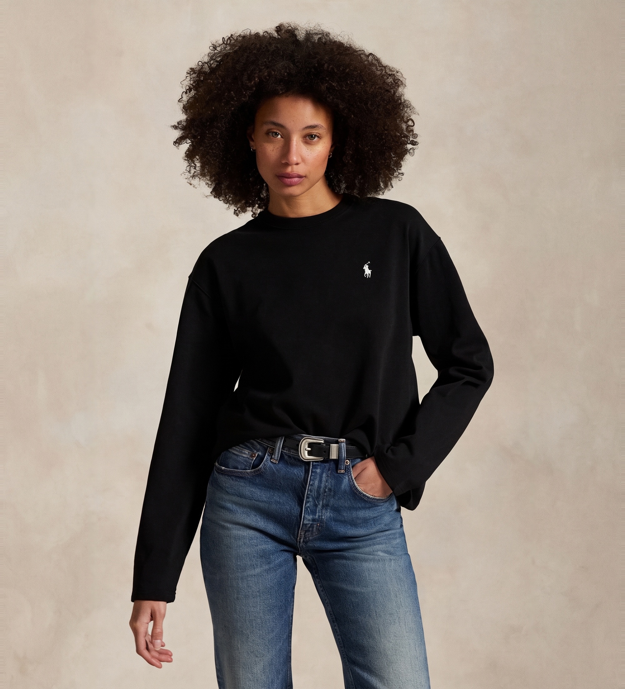 Polo Ralph Lauren für Damen. 211967105002 Schwarzes T-Shirt aus Baumwolljersey (XL), Lässig, Baumwolle, Langarm