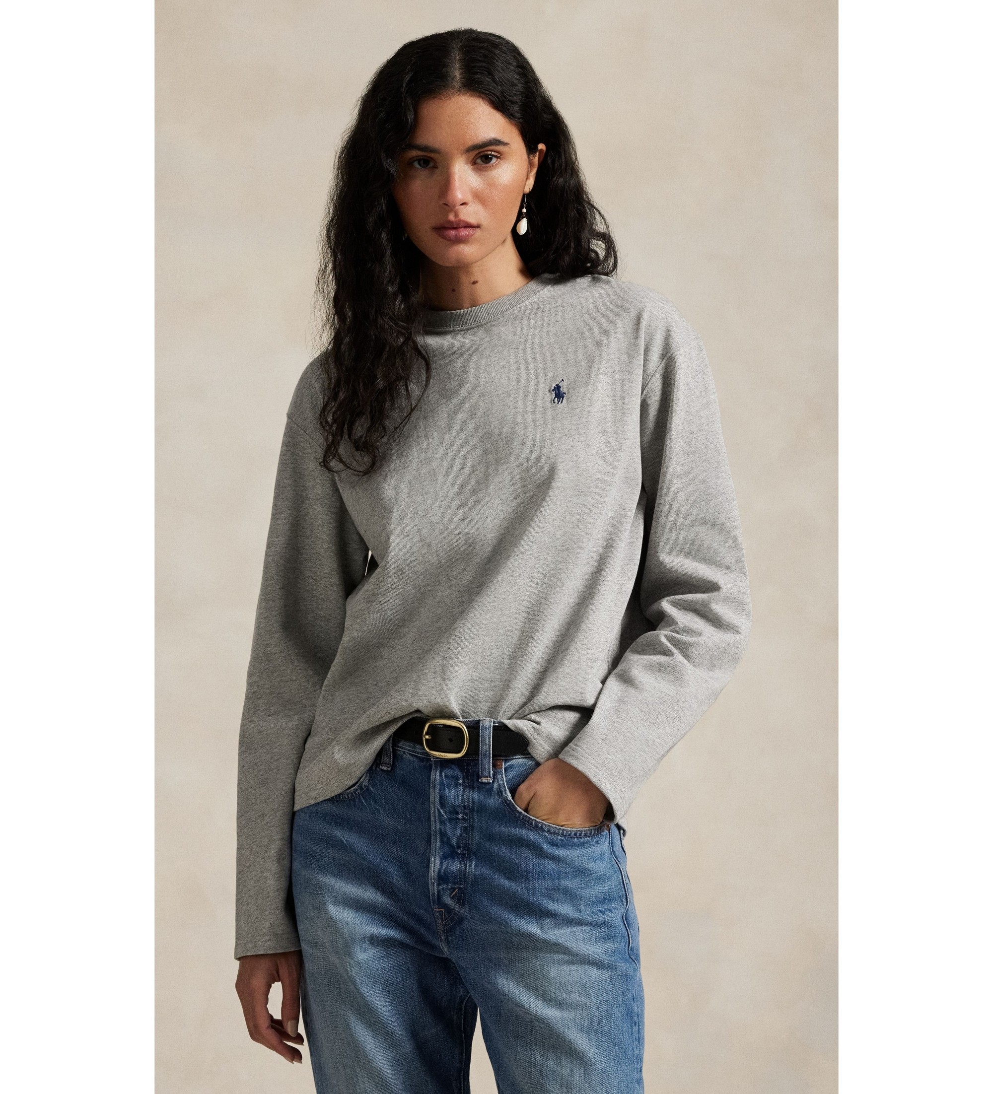 Polo Ralph Lauren für Damen. 211967105003 Graues T-Shirt aus Baumwoll-Jersey (XL), Lässig, Baumwolle, Langarm