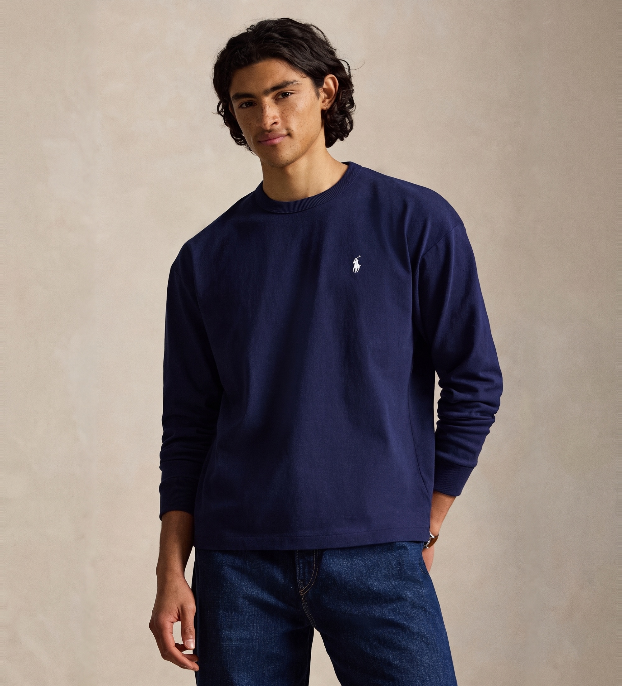 Polo Ralph Lauren für Herren. 710B18909003 Langärmeliges Marine-T-Shirt aus Jersey-Strick (S), Lässig, Baumwolle, Langarm