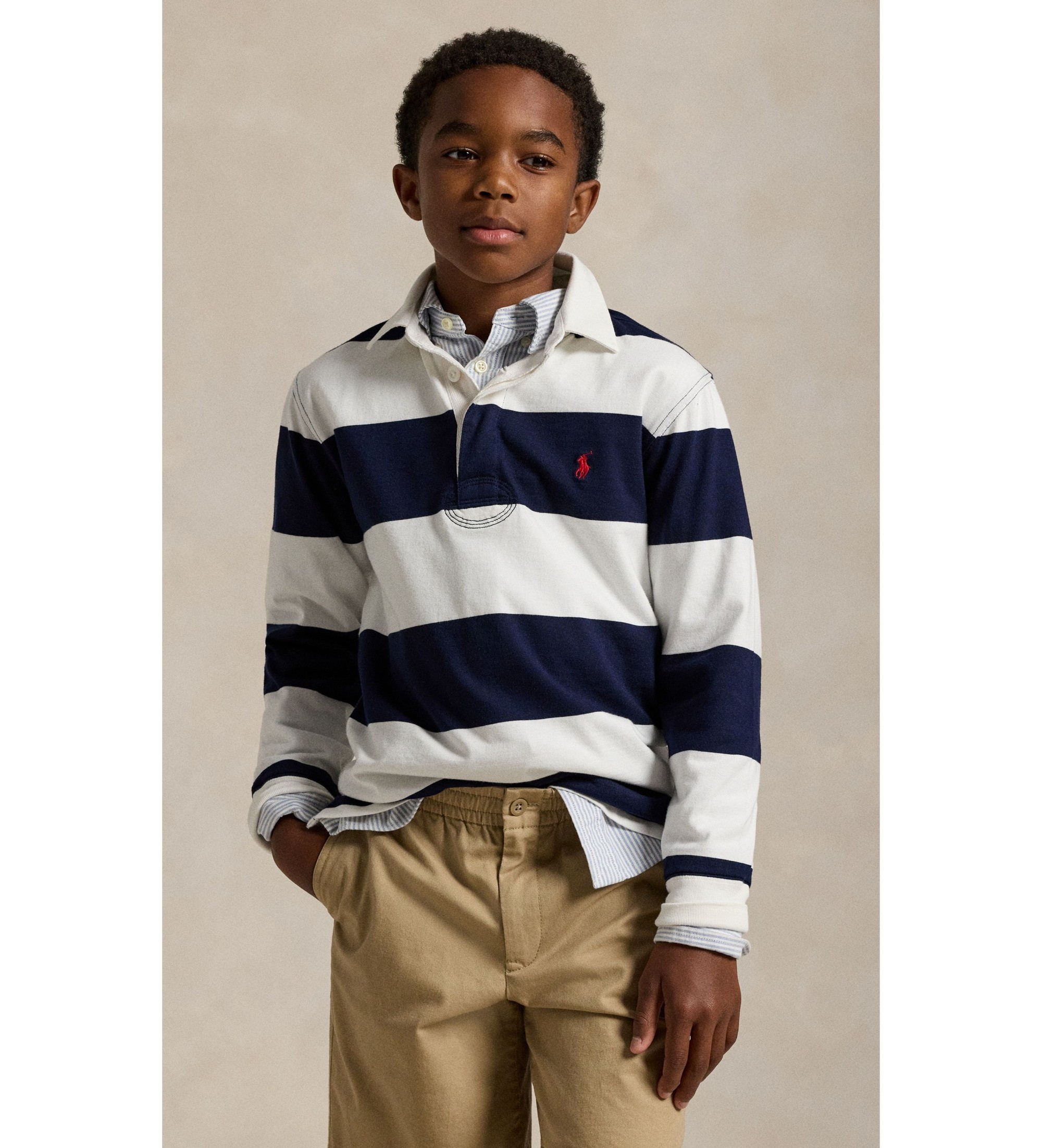Polo Ralph Lauren für Jungen. 323932280001 Ikonisches Rugby-Shirt weiß, marineblau ((M) 8/9años= 140/149cm), Lässig, Baumwolle, Langarm, Kin