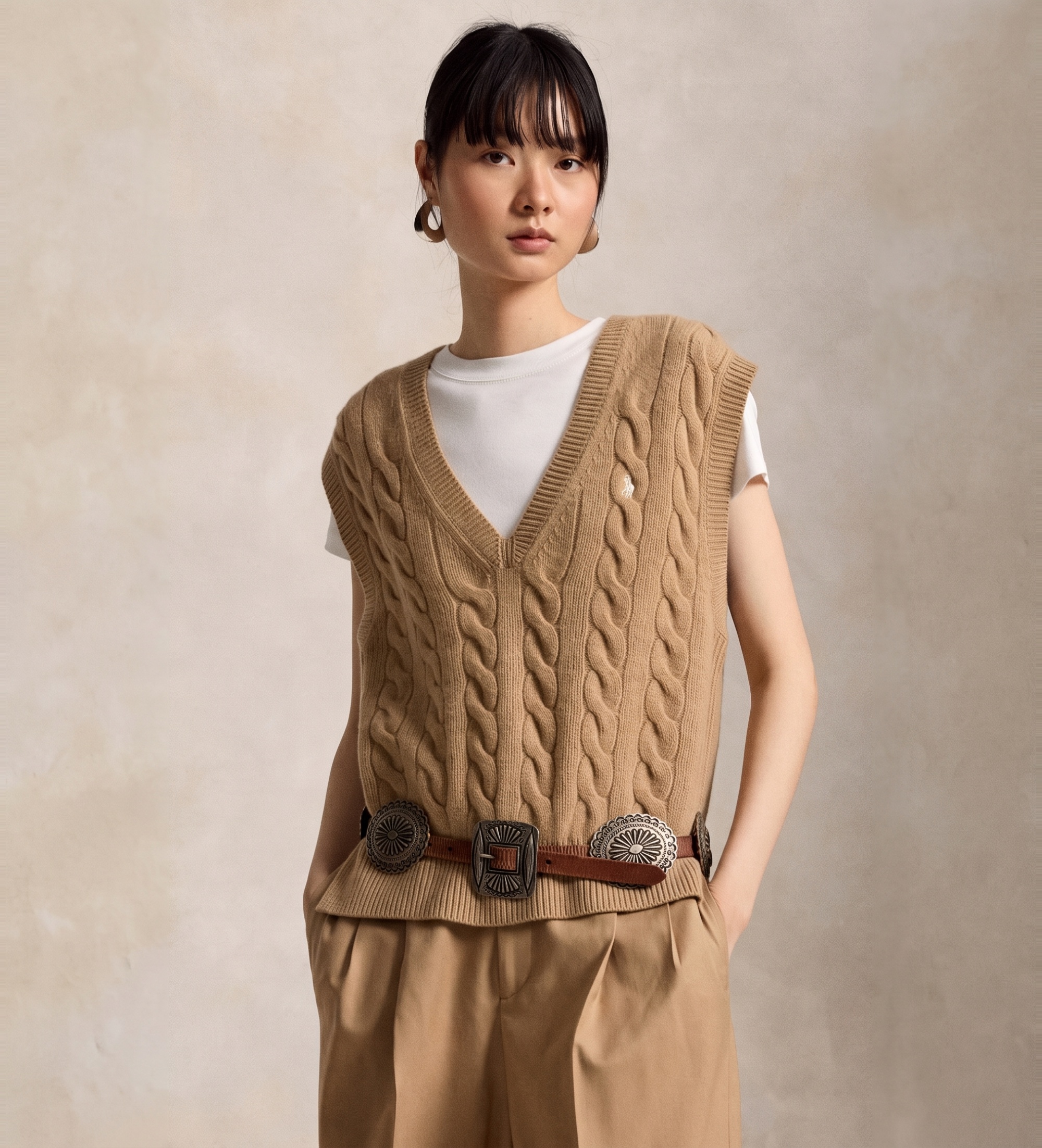 Polo Ralph Lauren für Damen. 211949994001 Strickweste aus Wolle und Kaschmir in Braun (M), Beige, Lässig, Ärmellos / Hosenträger