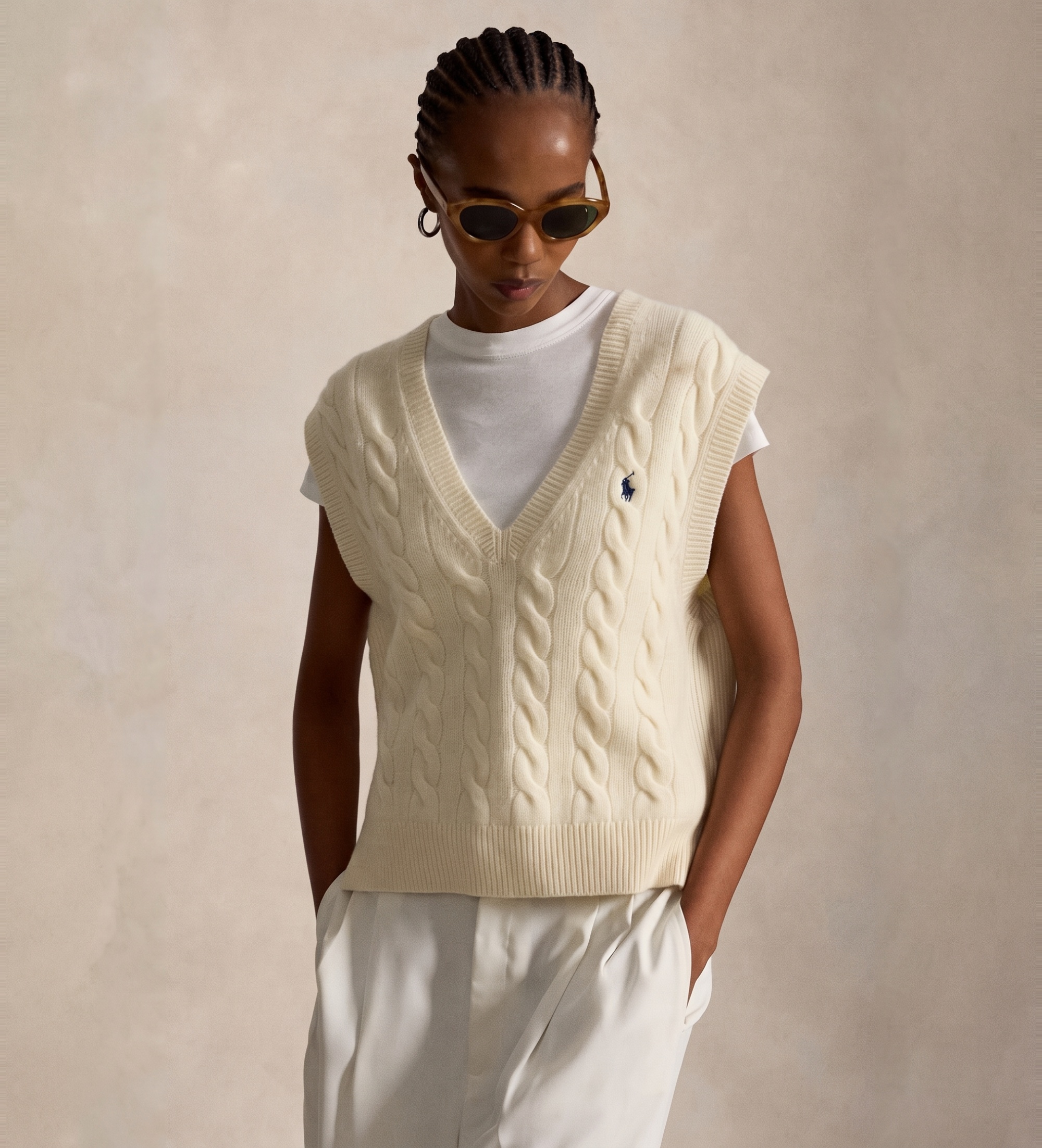 Polo Ralph Lauren für Damen. 211949994002 Strickweste aus Wolle und Kaschmir in Beige (L), Lässig, Ärmellos / Hosenträger