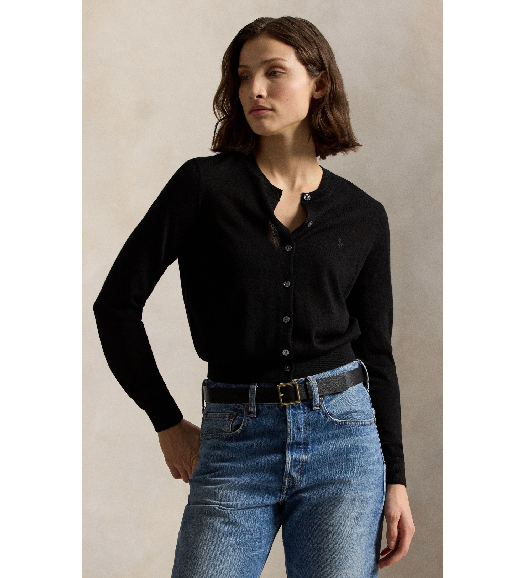 Polo Ralph Lauren für Damen. 211A99832001 Schwarzer Wollcardigan mit Rundhalsausschnitt (XS), Lässig, Wolle