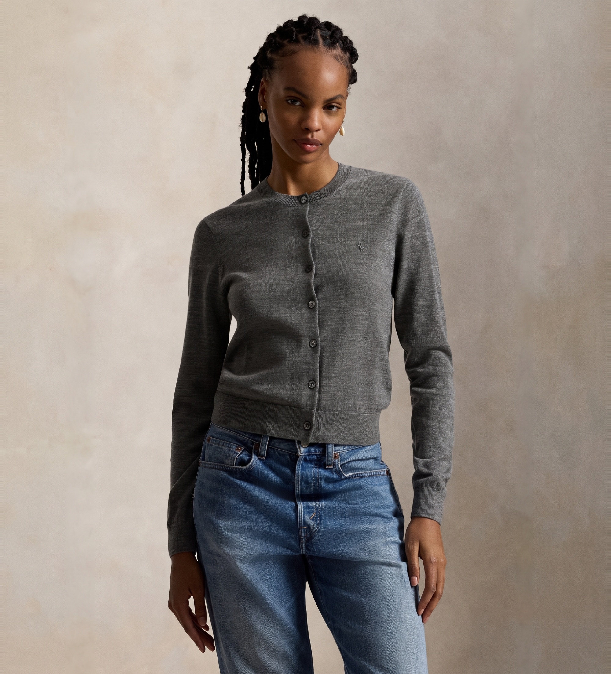 Polo Ralph Lauren für Damen. 211A99832002 Grauer Wollcardigan mit Rundhalsausschnitt (M), Lässig, Wolle