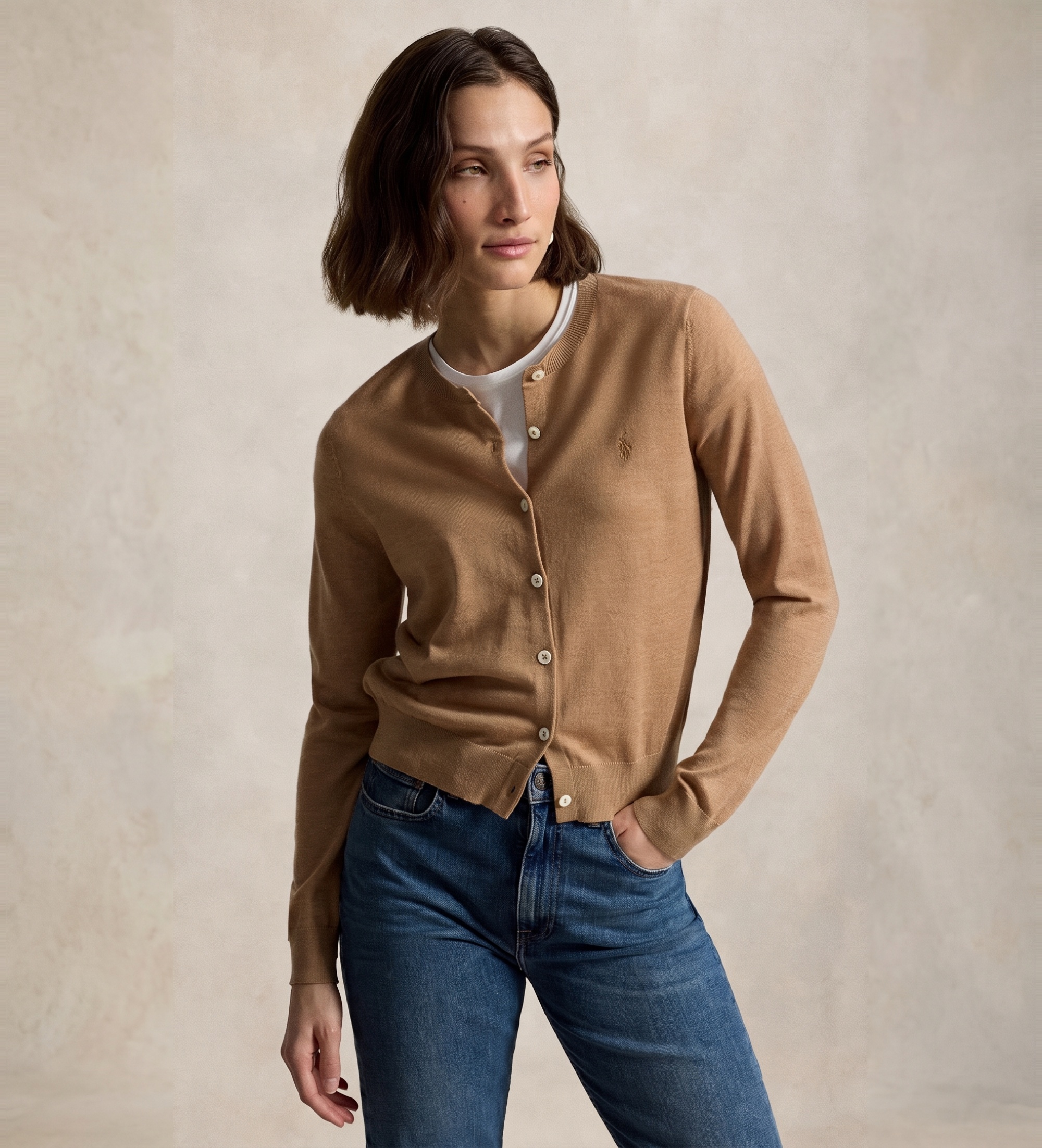 Polo Ralph Lauren für Damen. 211A99832004 Cardigan aus Wolle mit Rundhalsausschnitt beige (L), Braun, Lässig
