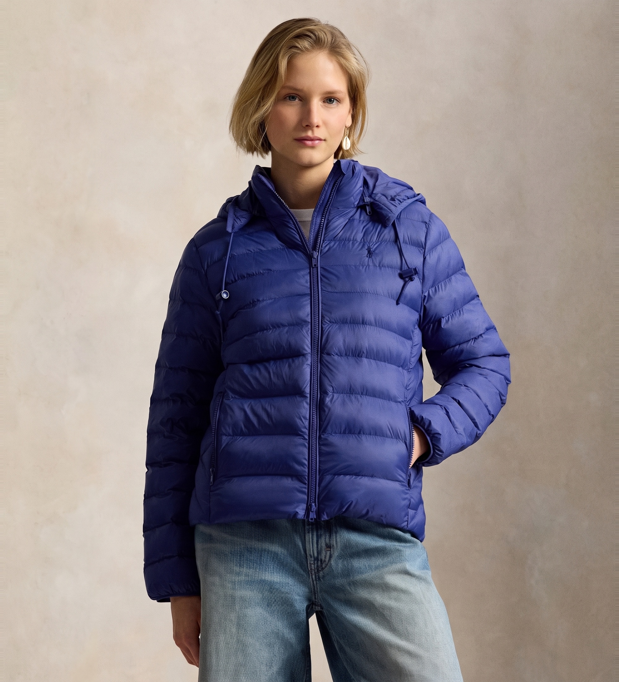 Polo Ralph Lauren für Damen. 211958932500 Wasserabweisende Jacke mit blauer Kapuze (M), Lässig, Nylon