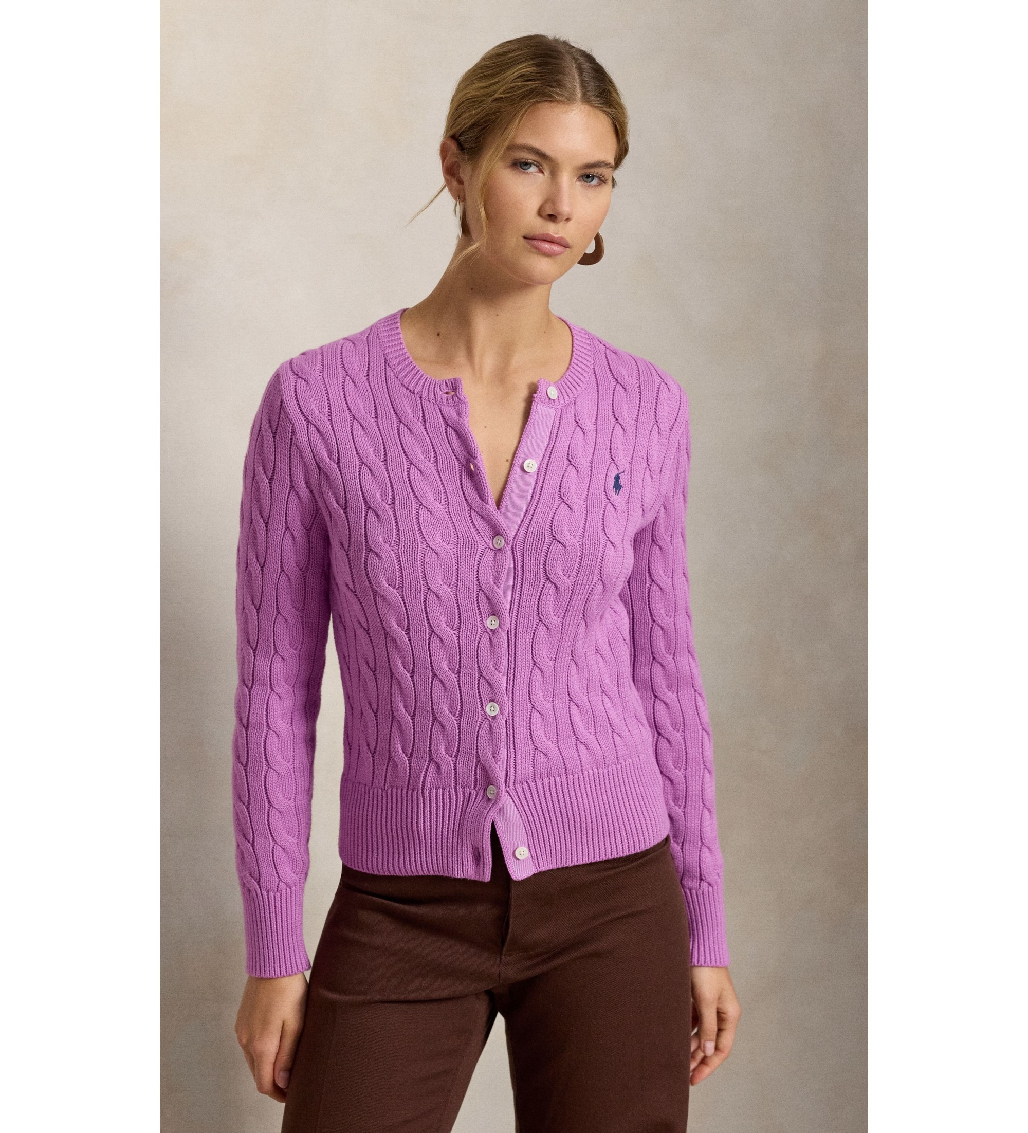 Polo Ralph Lauren für Damen. 211971868511 Cardigan aus Baumwolle mit rosa Zopfmuster (M), Lässig
