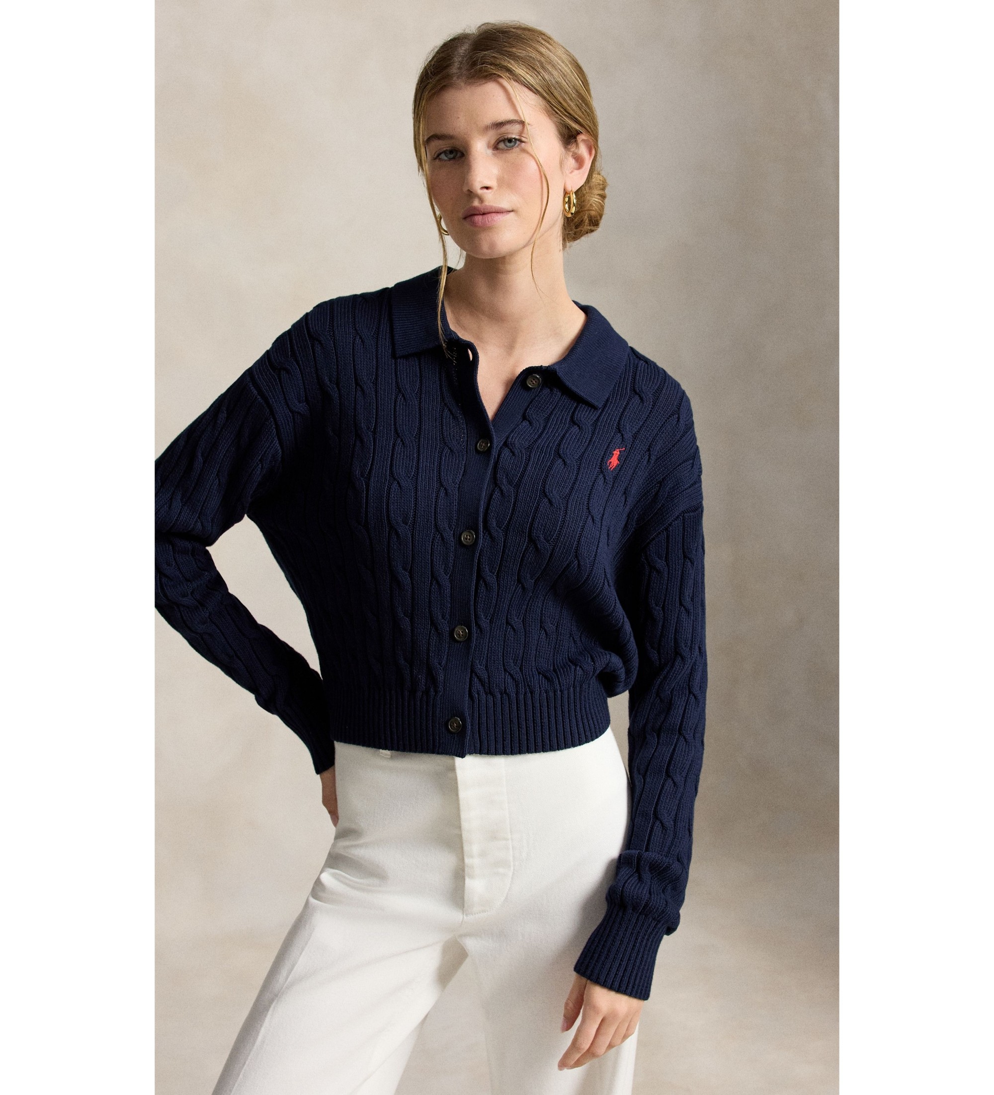 Polo Ralph Lauren für Damen. 211B30509002 Cardigan aus Baumwolle mit marineblauem Zopfmuster (XS), Lässig