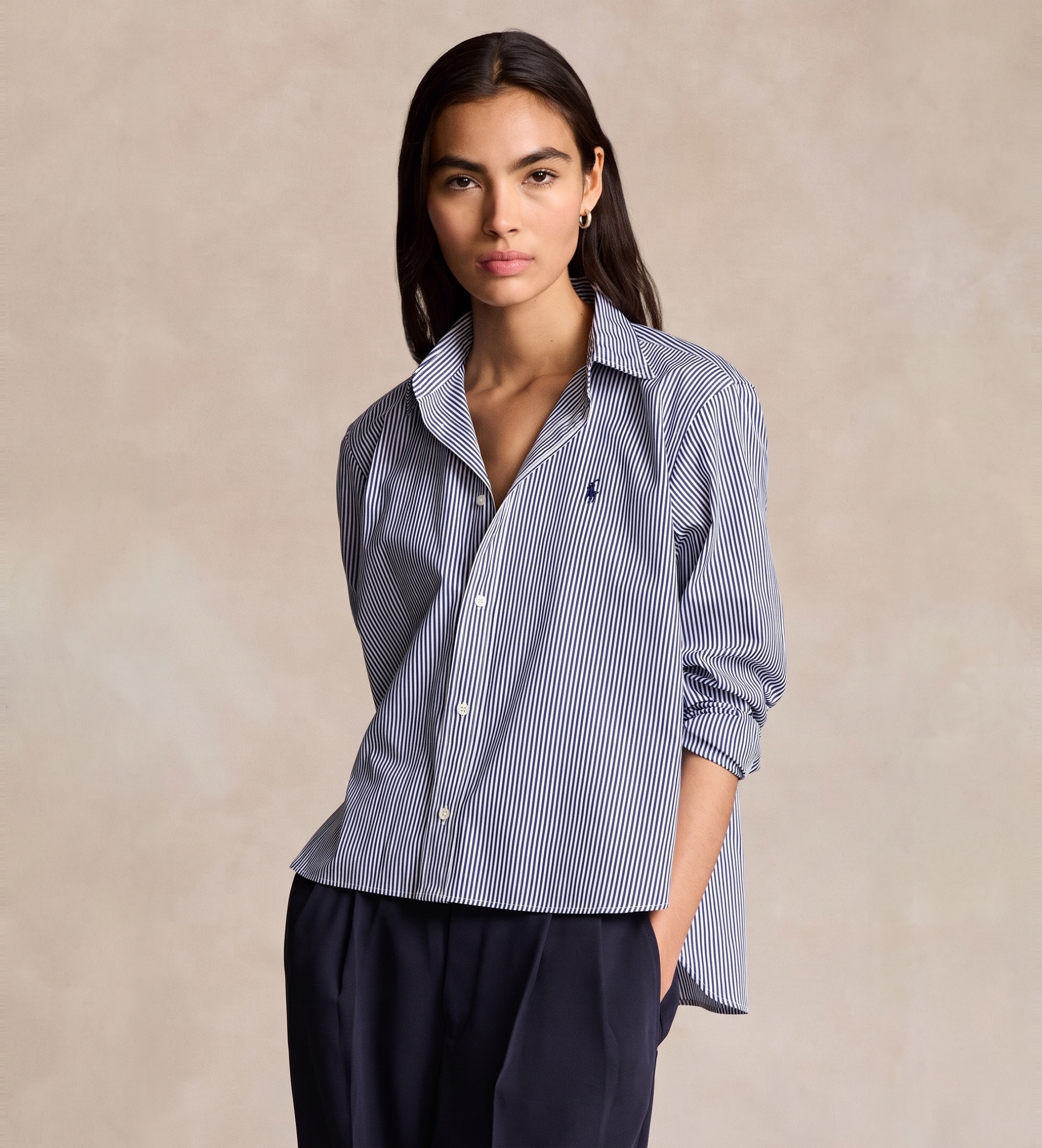 Polo Ralph Lauren für Damen. 211891419001 Kurzgeschnittenes Baumwollhemd mit blauen Streifen (XL), Lässig, Baumwolle, Langarm
