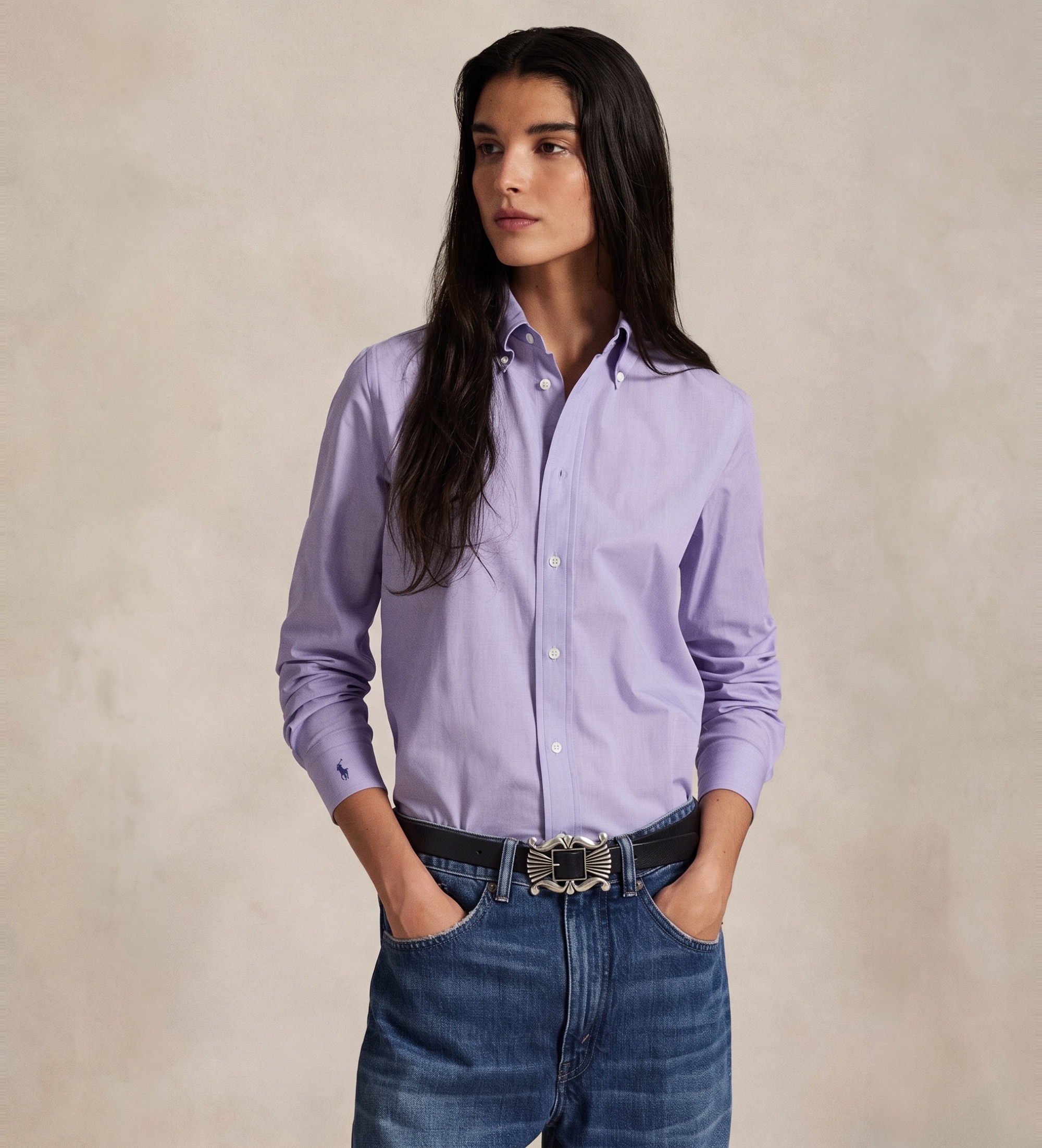 Polo Ralph Lauren für Damen. 211941509003 Fliederfarbenes Fil-à-Fil-Hemd aus elastischer Baumwolle (38), Lässig, Langarm