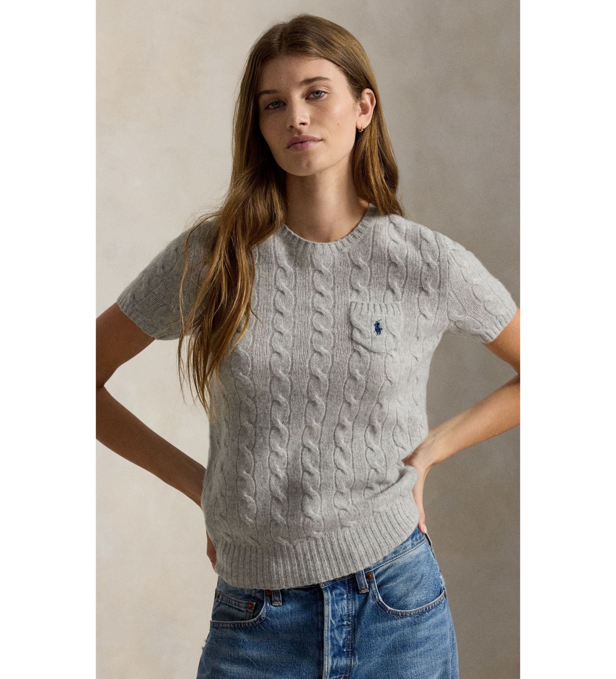 Polo Ralph Lauren für Damen. 211A92271001 Jersey Geflochten weiß grau (S), Lässig, Baumwolle, Langarm
