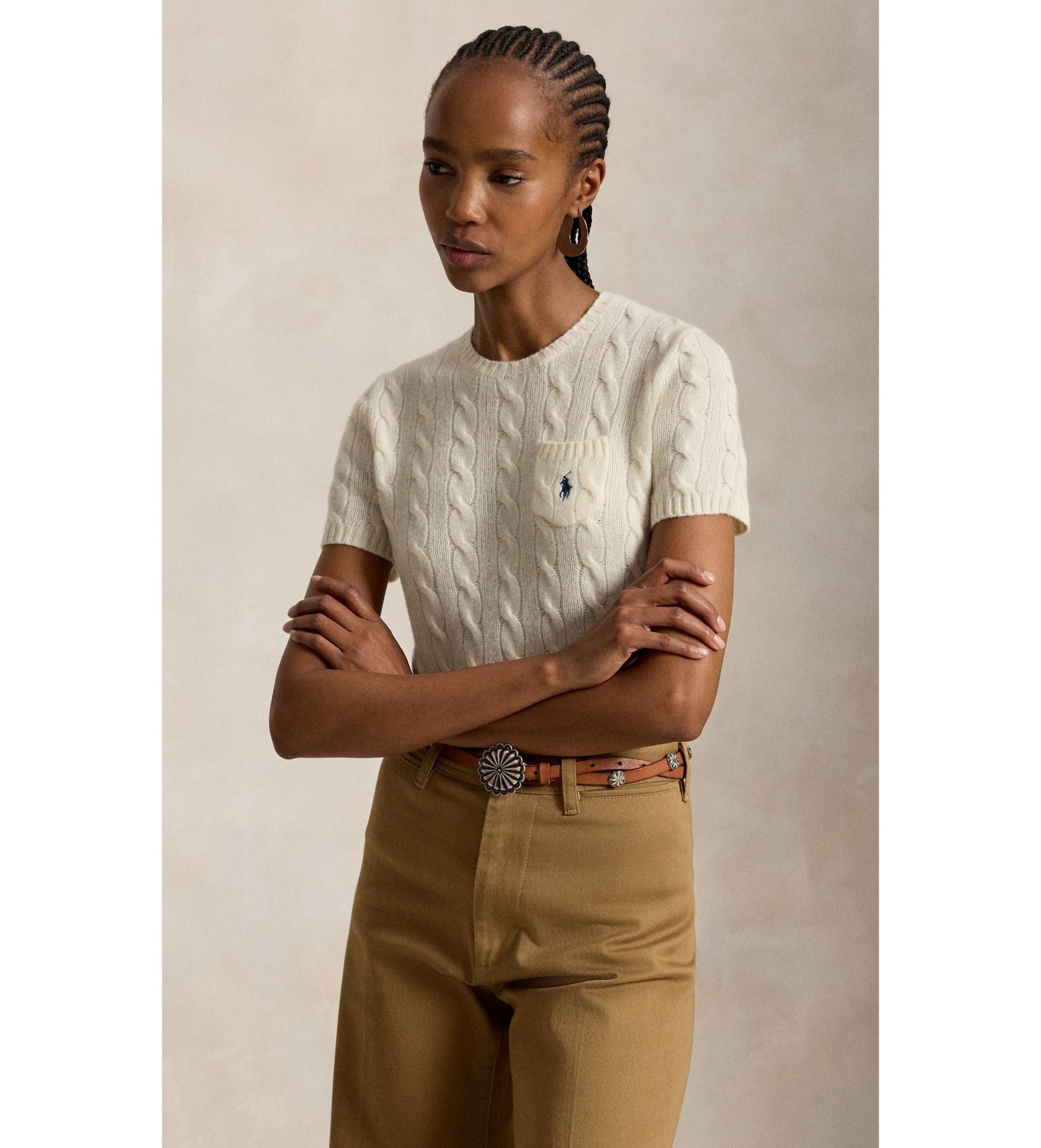 Polo Ralph Lauren für Damen. 211A92271002 Geflochtener Jersey cremeweiß (M), Lässig, Baumwolle, Langarm