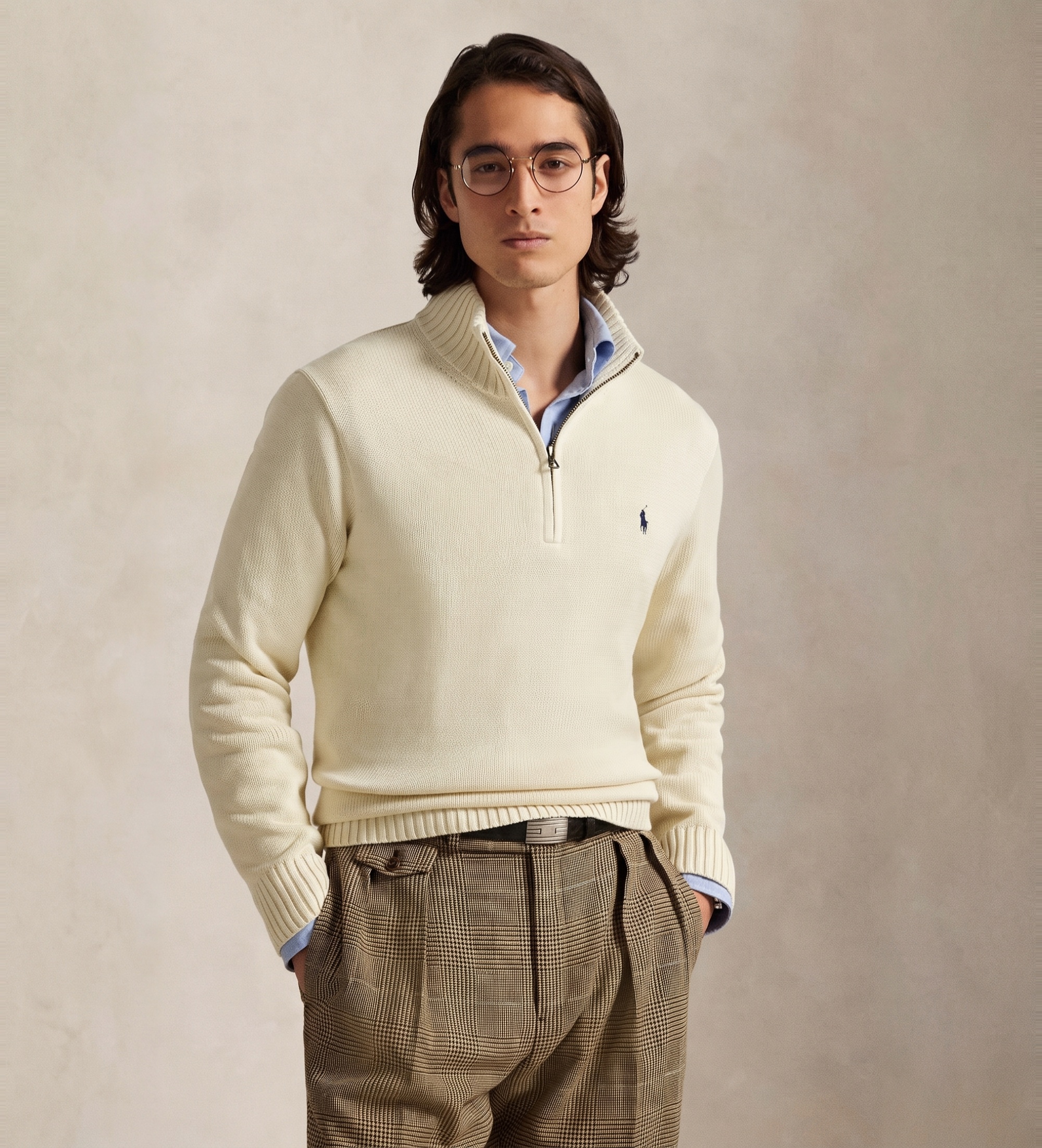 Polo Ralph Lauren für Herren. 710859939503 Pullover aus Baumwolle mit kurzem beigem Reißverschluss (M), Lässig, Klassisch