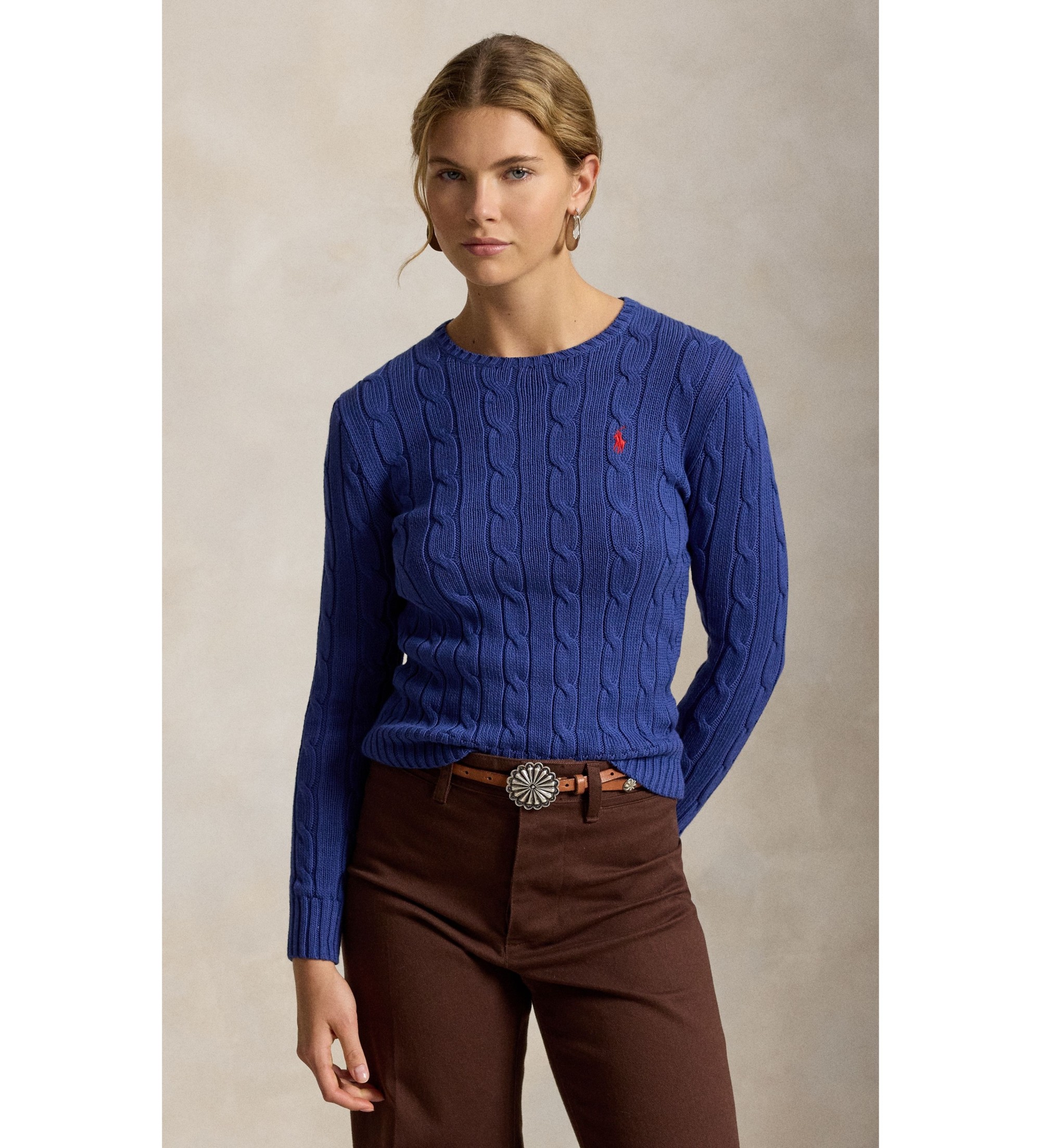 Polo Ralph Lauren für Damen. 211971869509 Blauer Baumwollpullover mit Zopfmuster (L), Lässig, Baumwolle, Langarm