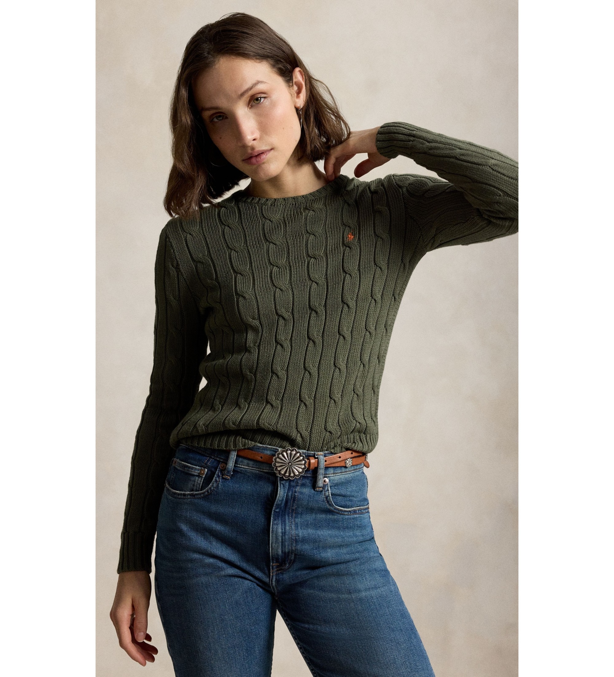 Polo Ralph Lauren für Damen. 211971869510 Grüner Baumwollpullover mit Zopfmuster (M), Lässig, Baumwolle, Langarm