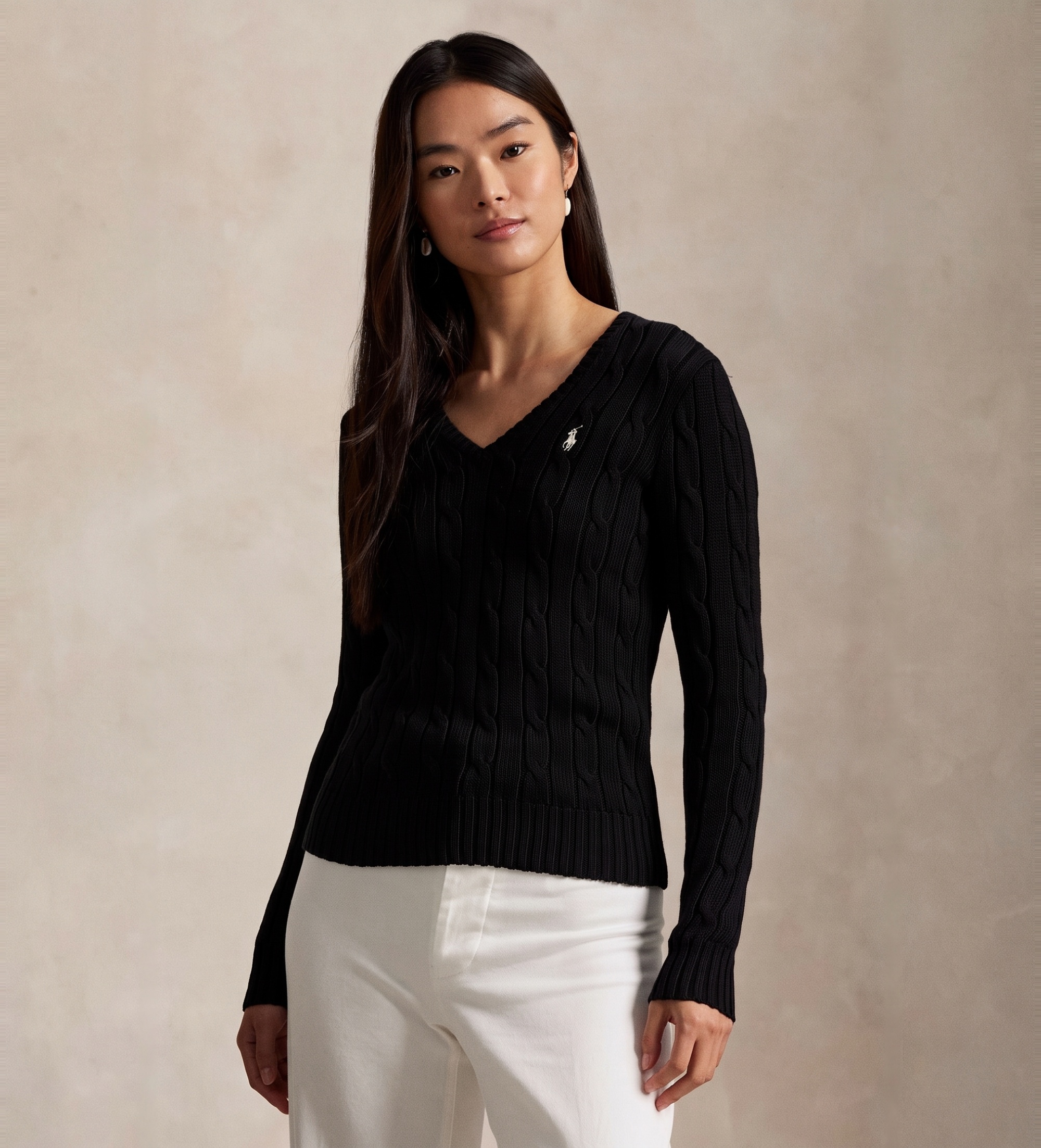 Polo Ralph Lauren für Damen. 211971870002 Baumwollpullover aus schwarzem ecrufarbenem Strickjersey (L), Lässig, Baumwolle