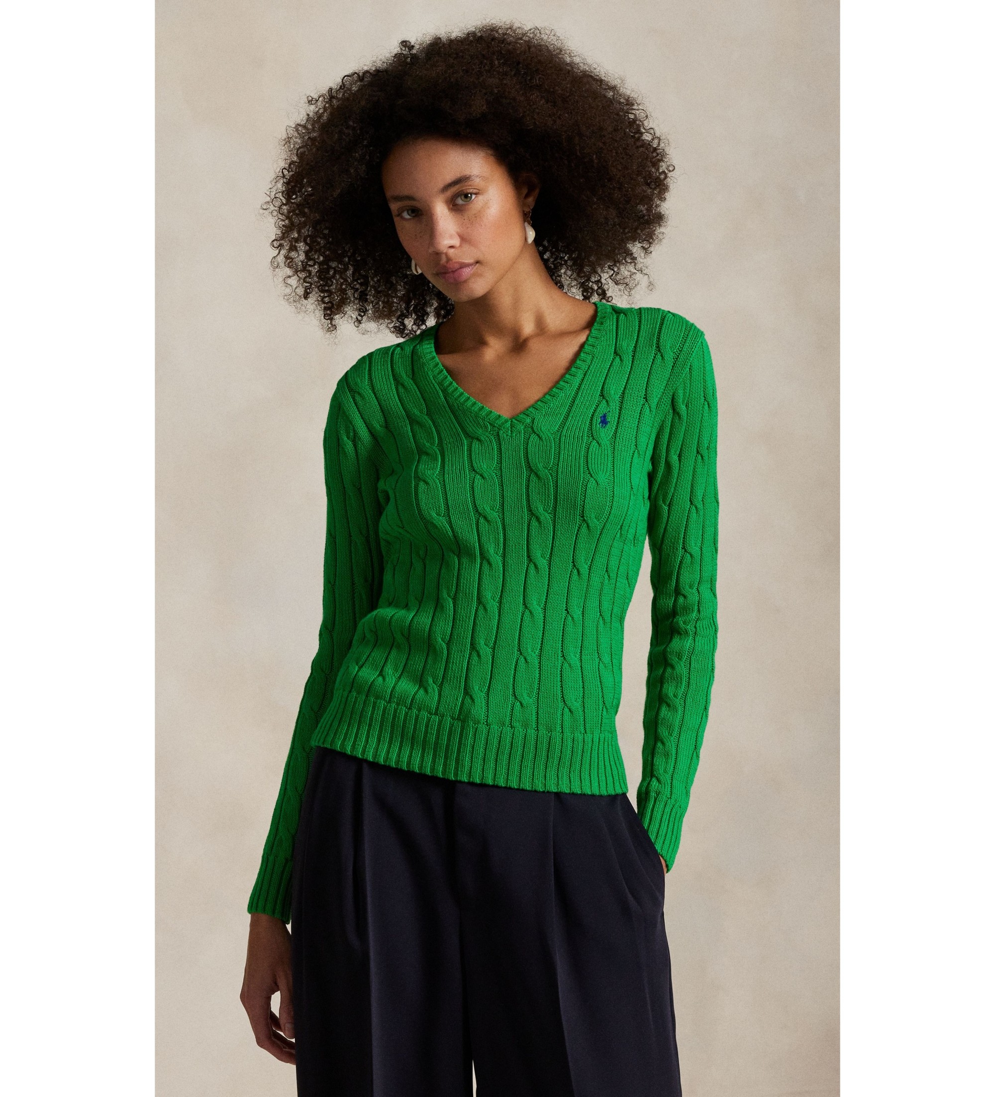 Polo Ralph Lauren für Damen. 211971870007 Grüner Baumwollpullover mit Zopfmuster (S), Lässig, Baumwolle, Langarm