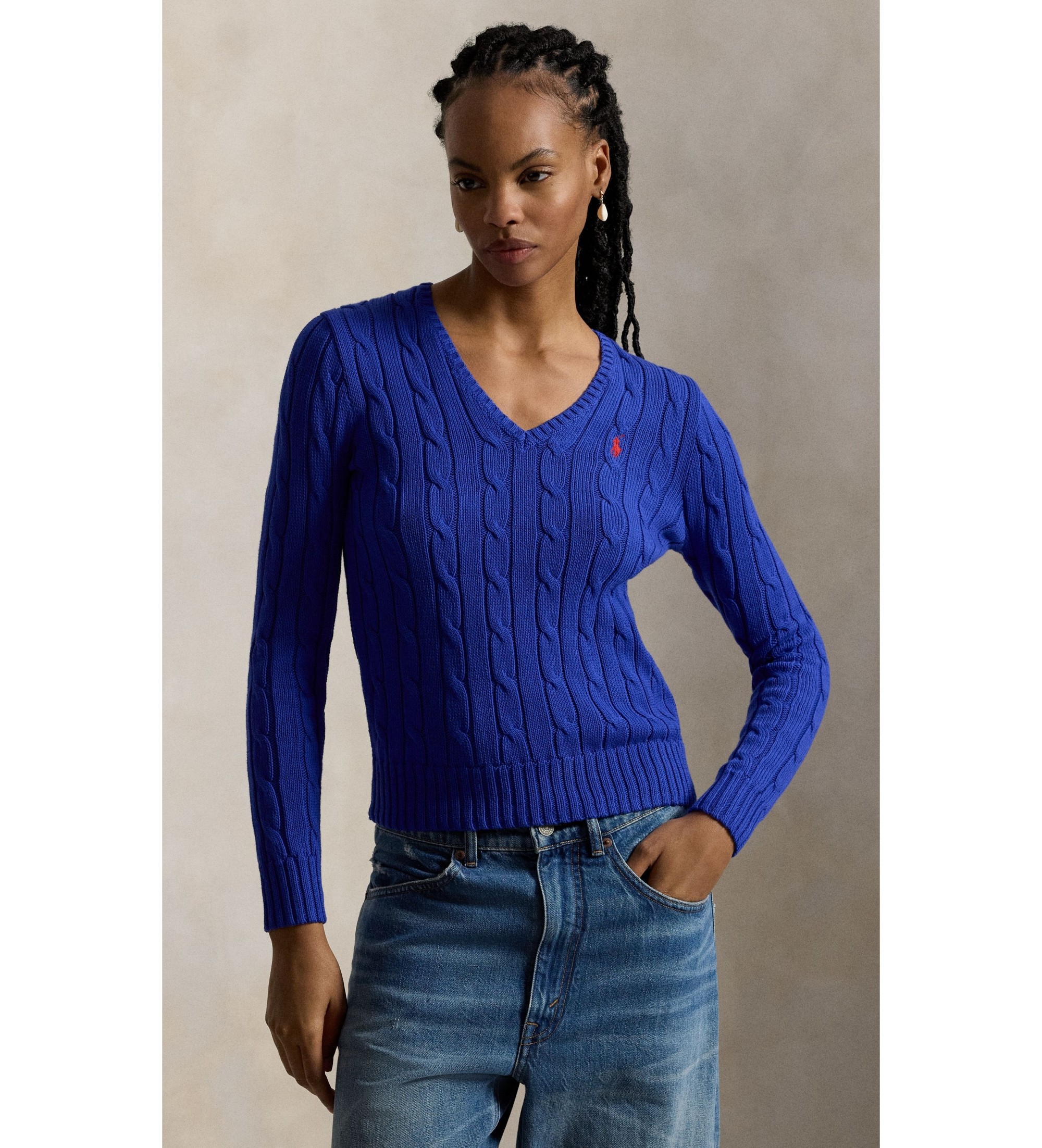 Polo Ralph Lauren für Damen. 211971870008 Blauer Zopfmuster-Pullover aus Baumwolle (M), Lässig, Langarm