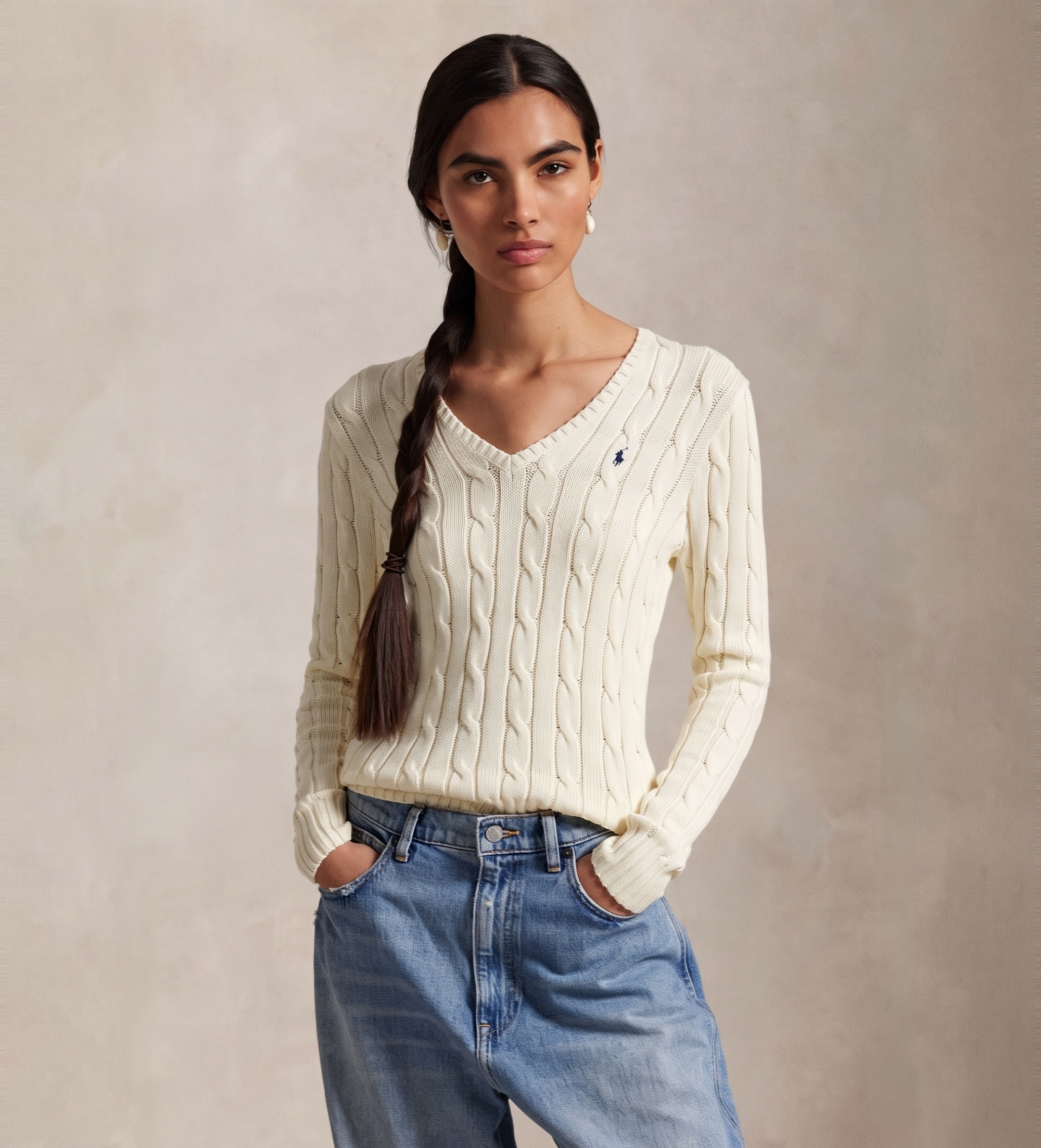 Polo Ralph Lauren für Damen. 211971870011 Baumwollpullover aus Achterstrick (XXS), Beige, Lässig, Baumwolle