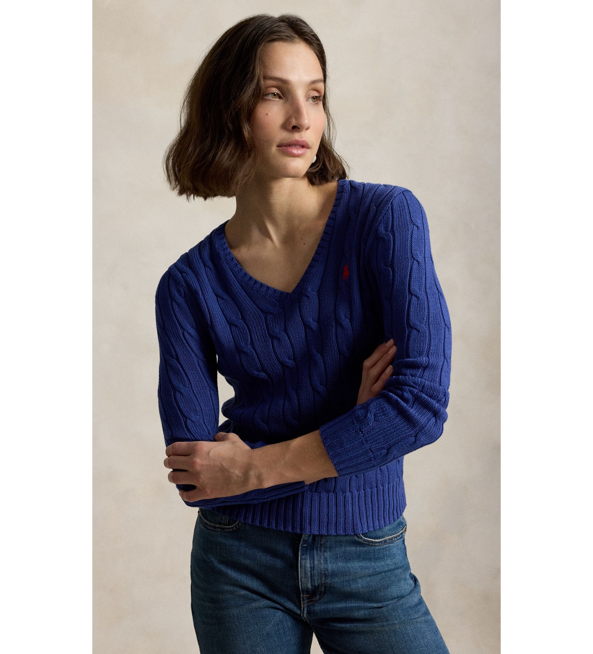 Polo Ralph Lauren für Damen. 211971870510 Blauer Baumwollpullover mit Zopfmuster (S), Lässig, Baumwolle, Langarm
