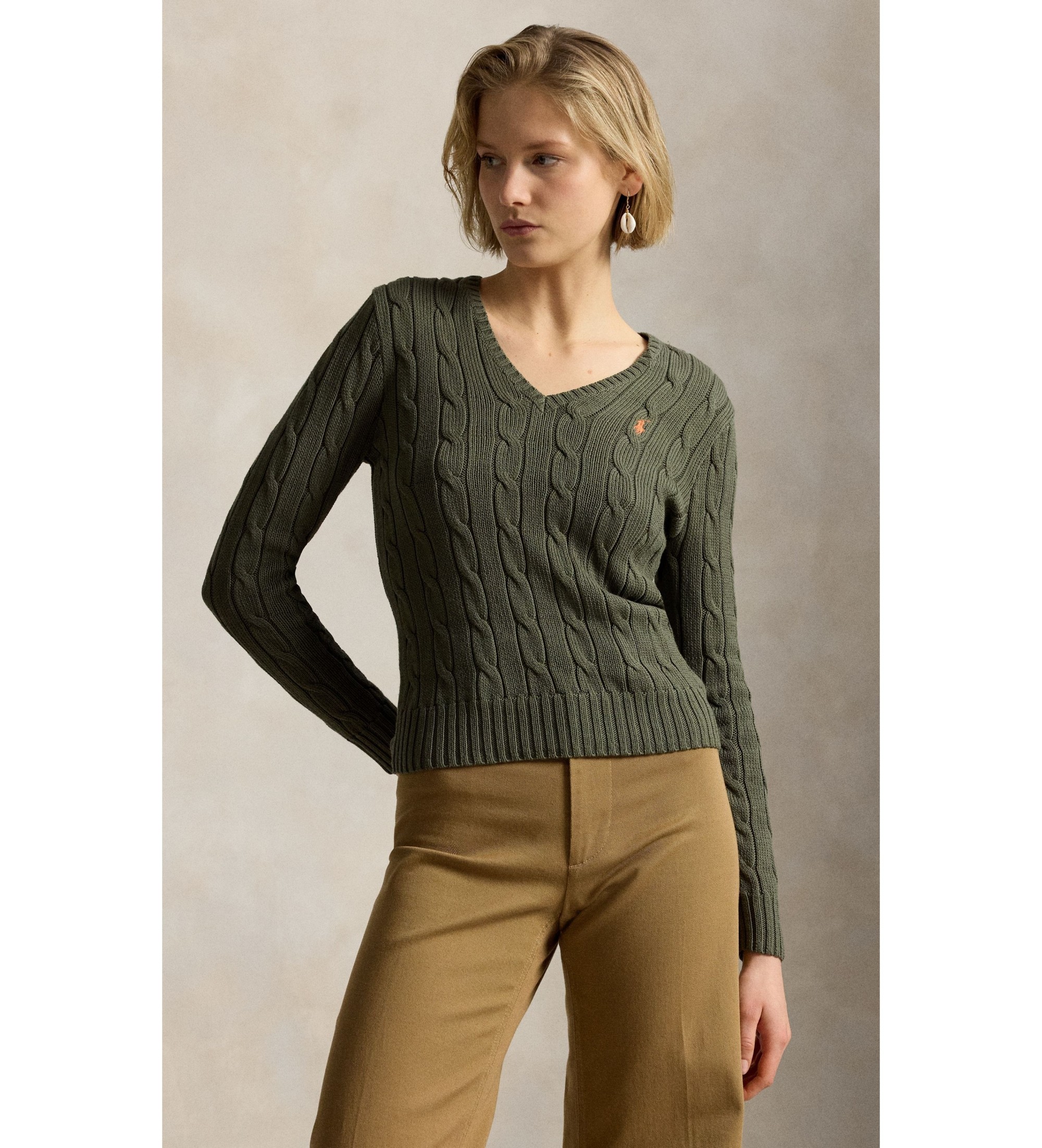 Polo Ralph Lauren für Damen. 211971870511 Grüner Baumwollpullover mit Zopfmuster (M), Lässig, Baumwolle, Langarm