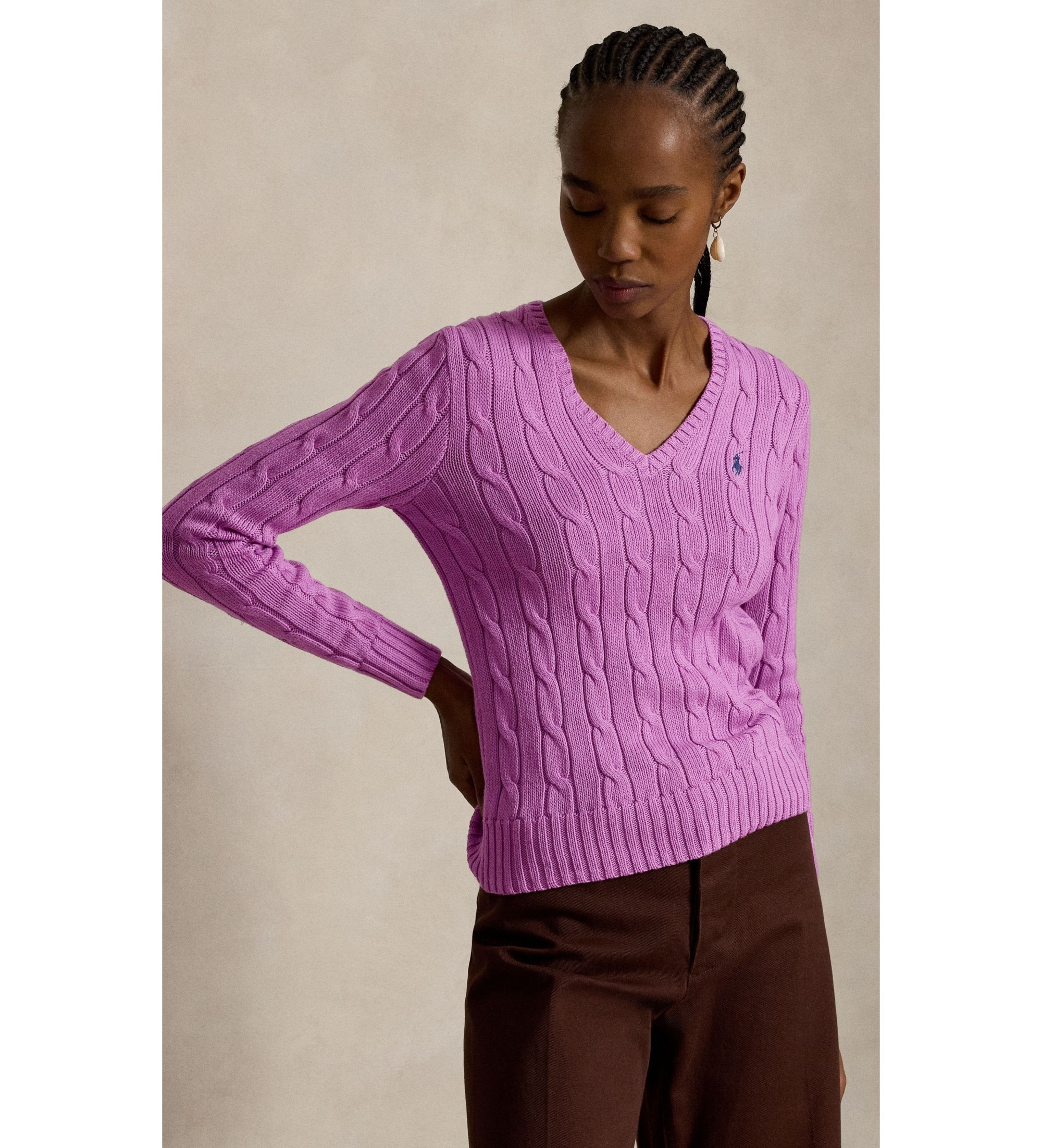 Polo Ralph Lauren für Damen. 211971870513 Pullover aus Baumwolle mit Zopfmuster in Rosa (M), Lässig, Langarm
