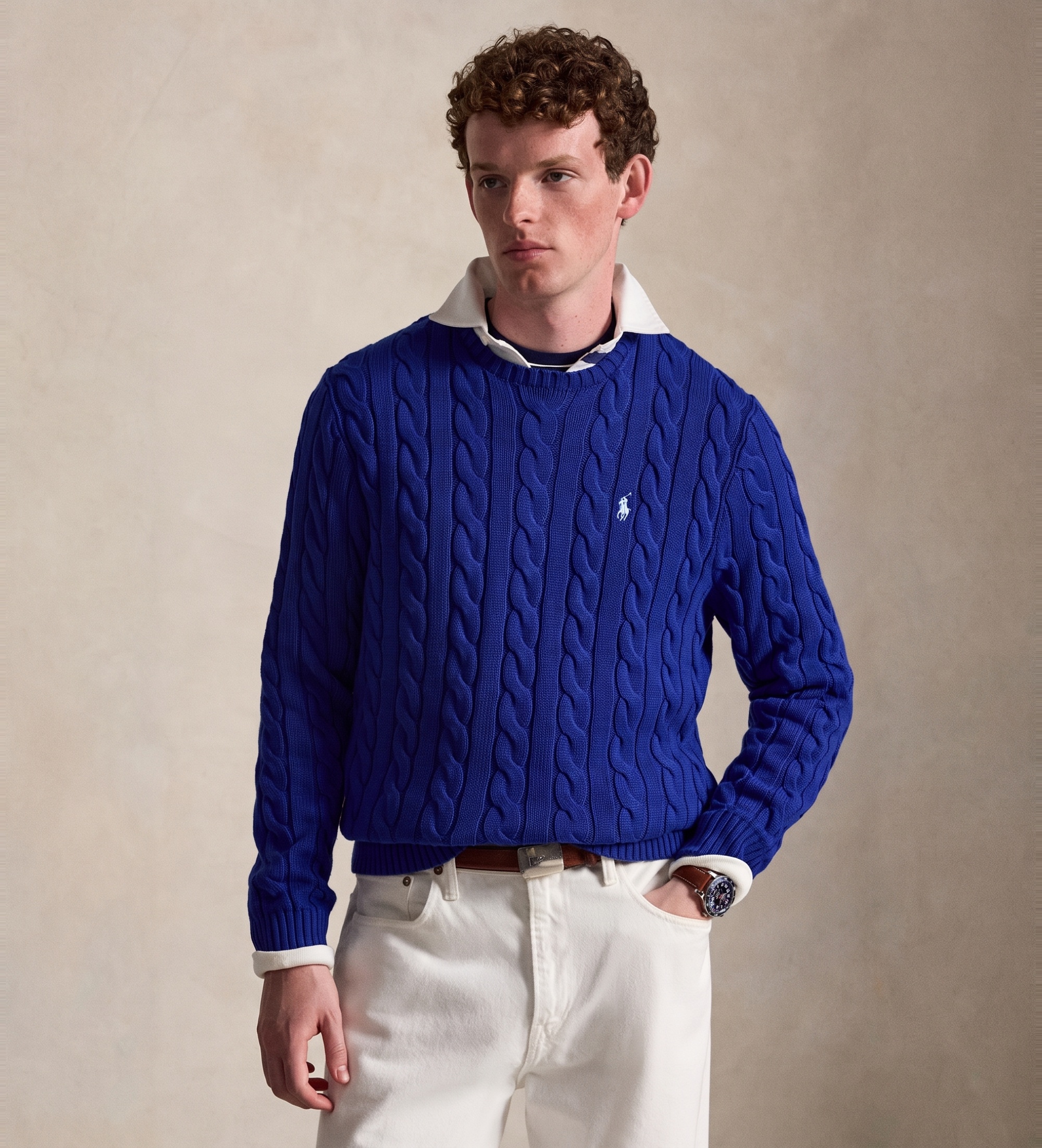 Polo Ralph Lauren für Herren. 710775885544 Marineblauer Zopfmuster-Pullover aus Baumwolle (S), Lässig, Langarm