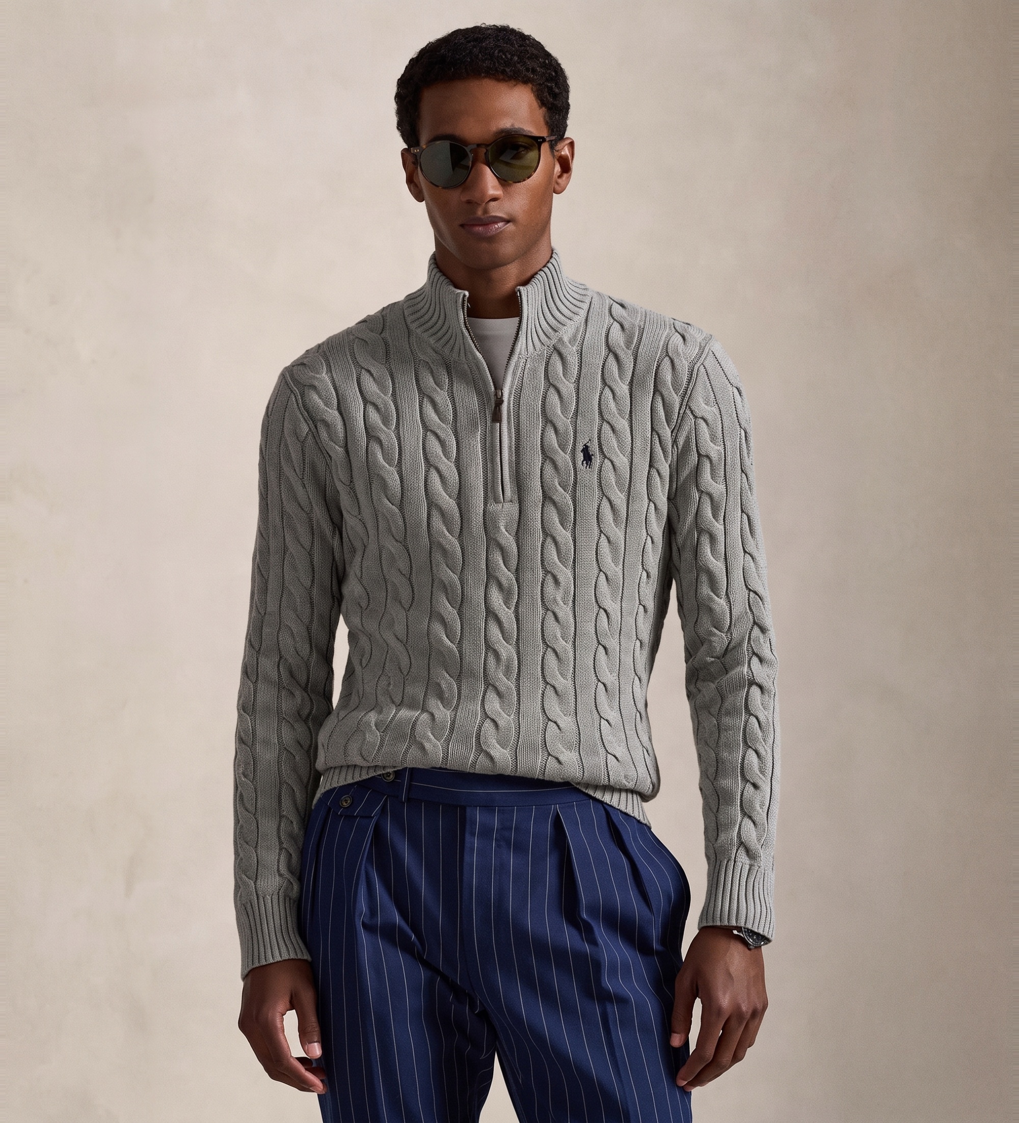 Polo Ralph Lauren für Herren. 710810841002 Baumwolljersey in grau-ecru gestrickt (S), Lässig, Baumwolle, Klassisch