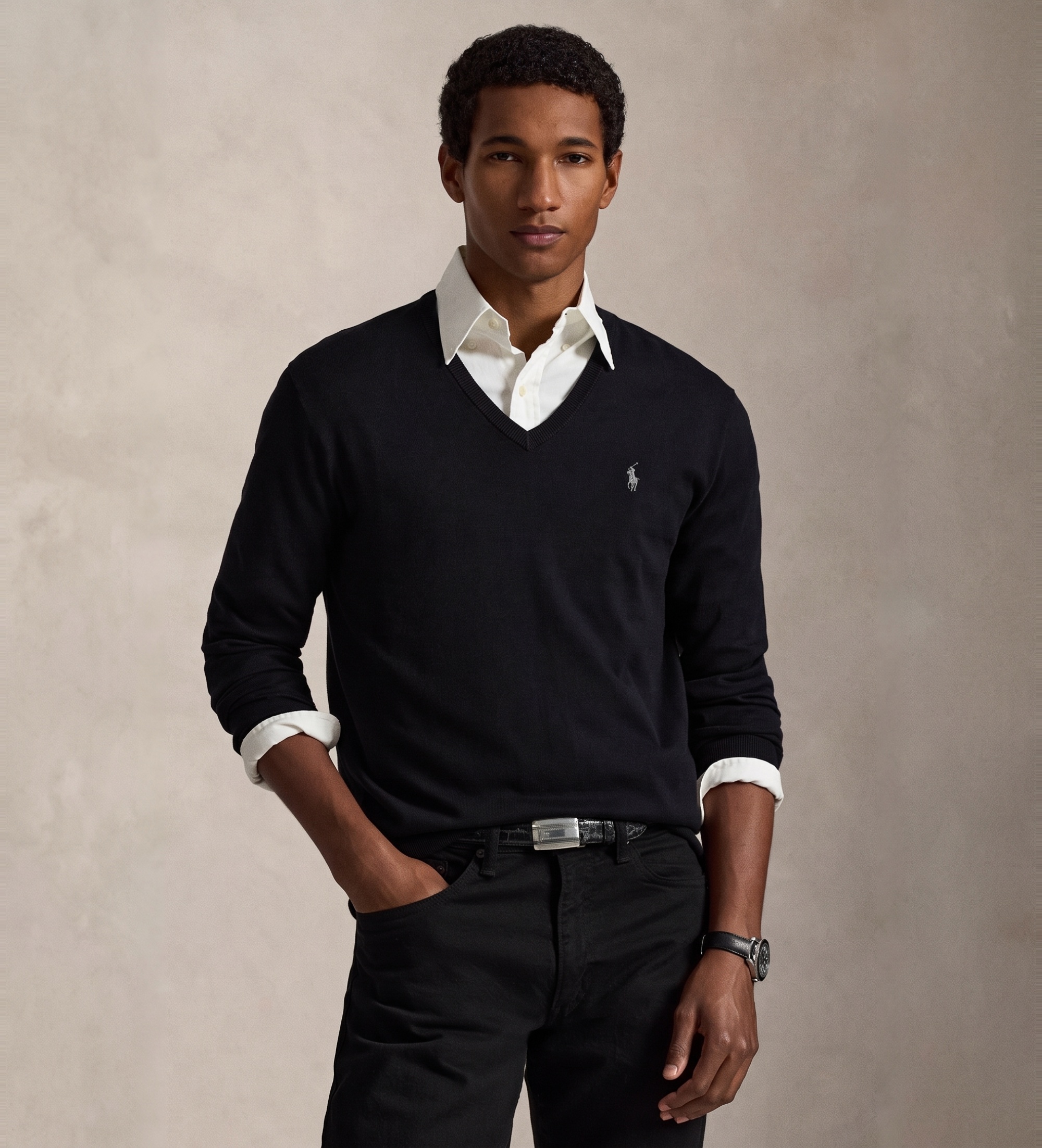 Polo Ralph Lauren für Herren. 710670789003 Schmal geschnittener Baumwollpullover mit V-Ausschnitt schwarz (M), Lässig, Baumwolle, Klassisch