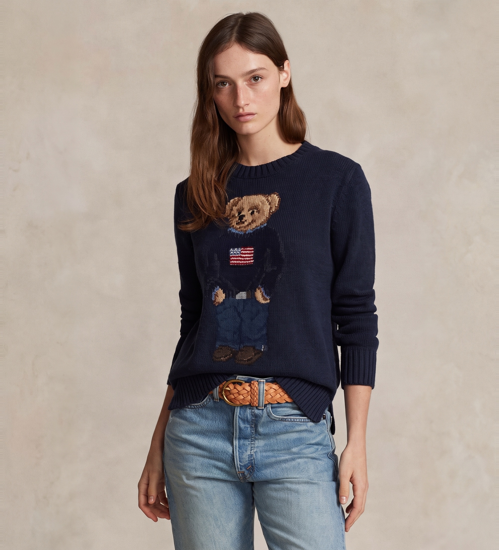 Polo Ralph Lauren für Damen. 211927070001 Pullover aus Baumwolle und Leinen mit marineblauem Bear-Poloshirt (S), Lässig